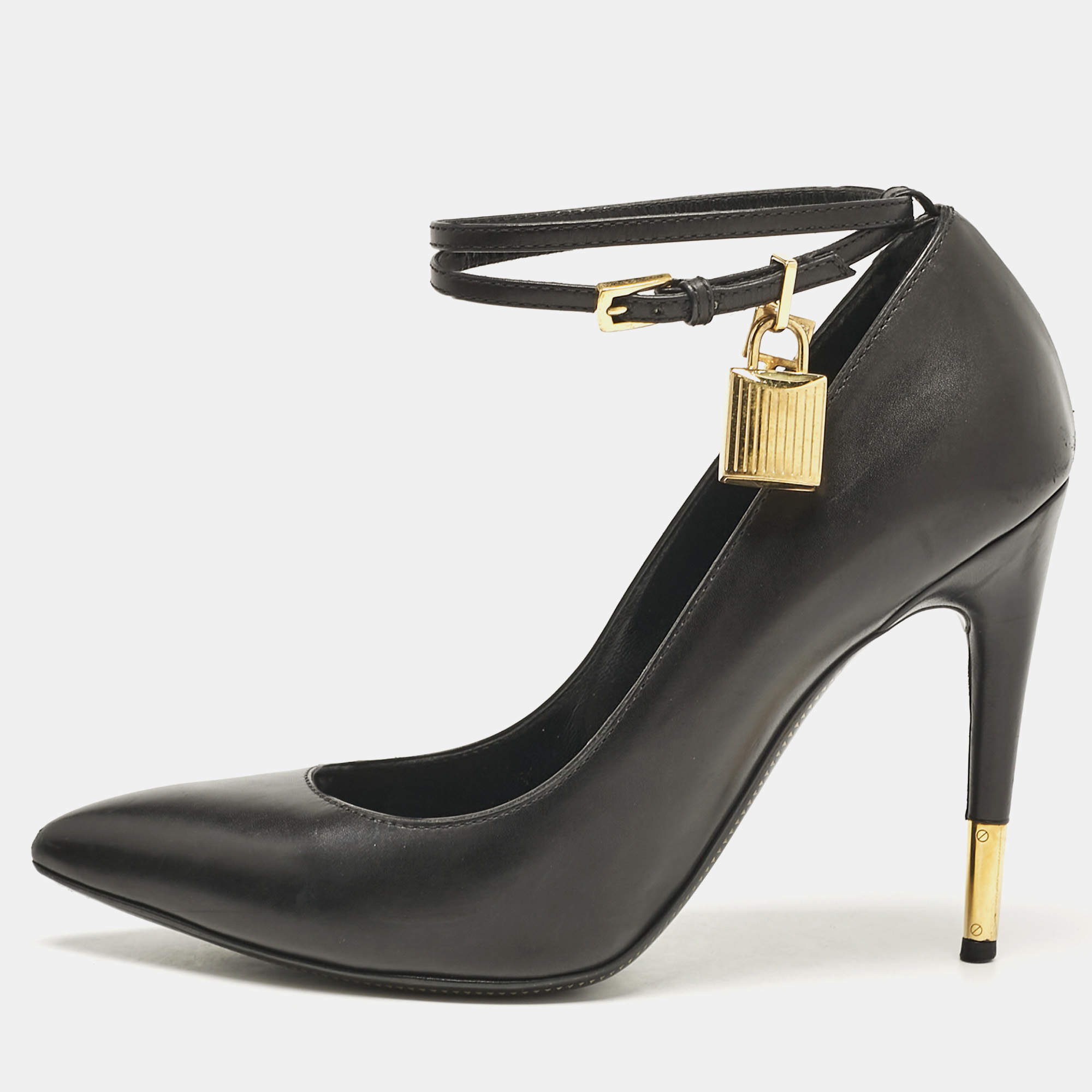 Tom Ford Black Leather Padlock Ankle Wrap Pumps Size 38