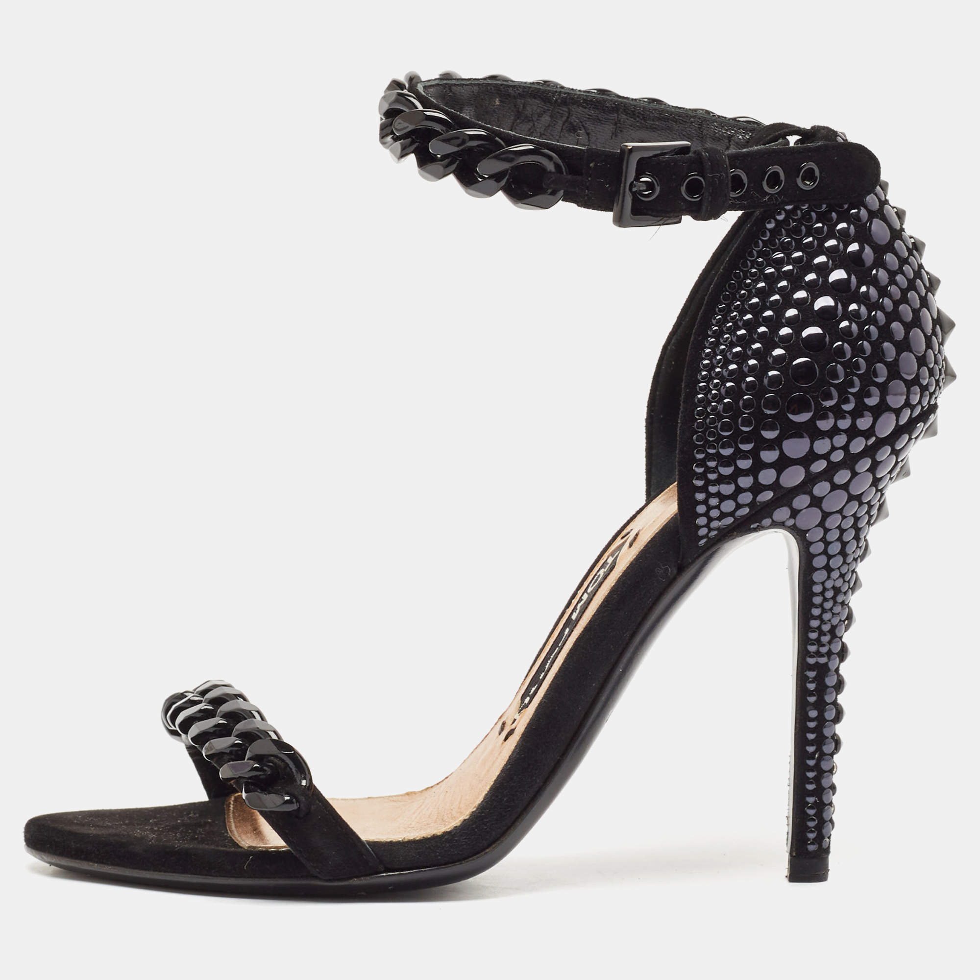 Tom Ford Black Suede Studded Chain Link Ankle Strap Sandals Size 37