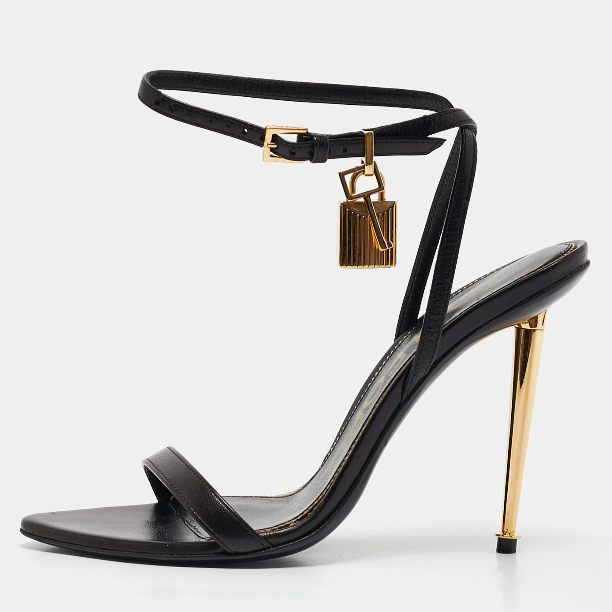 Tom Ford Black Leather Padlock Ankle Strap Sandals Size 36