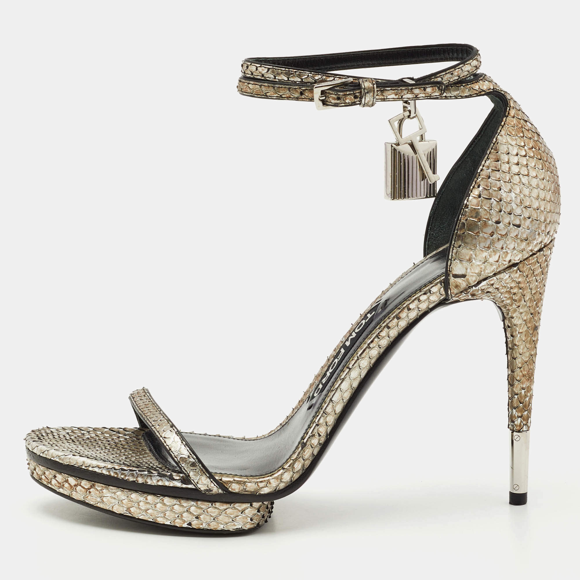 Tom Ford Silver Python Leather Padlock Ankle Strap Sandals Size 39