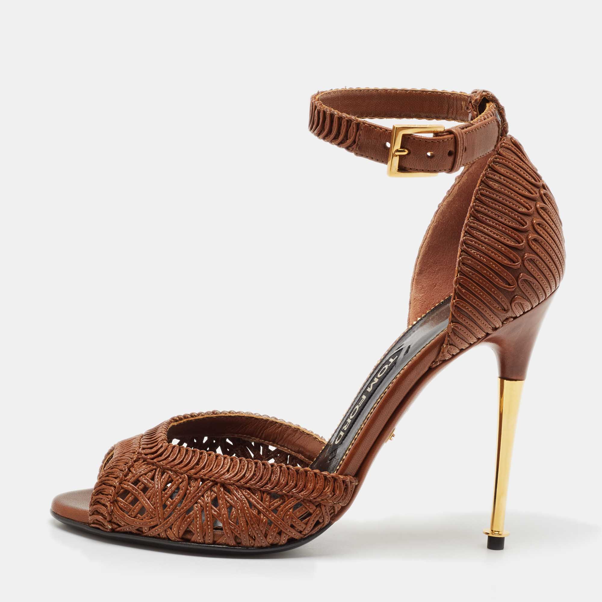 Tom Ford Brown Braided Leather Ankle Strap Sandals Size 37