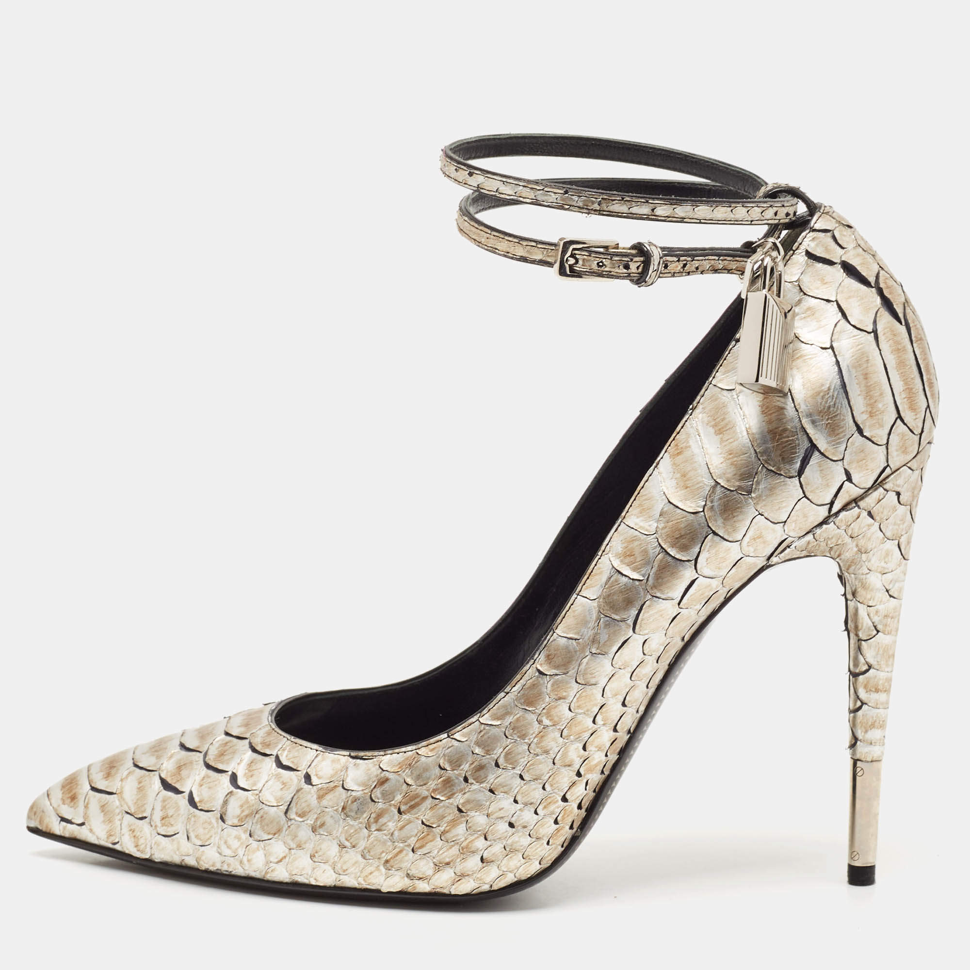 Tom Ford Gold Python Leather Padlock Ankle Strap Pointed Toe Pumps Size 41