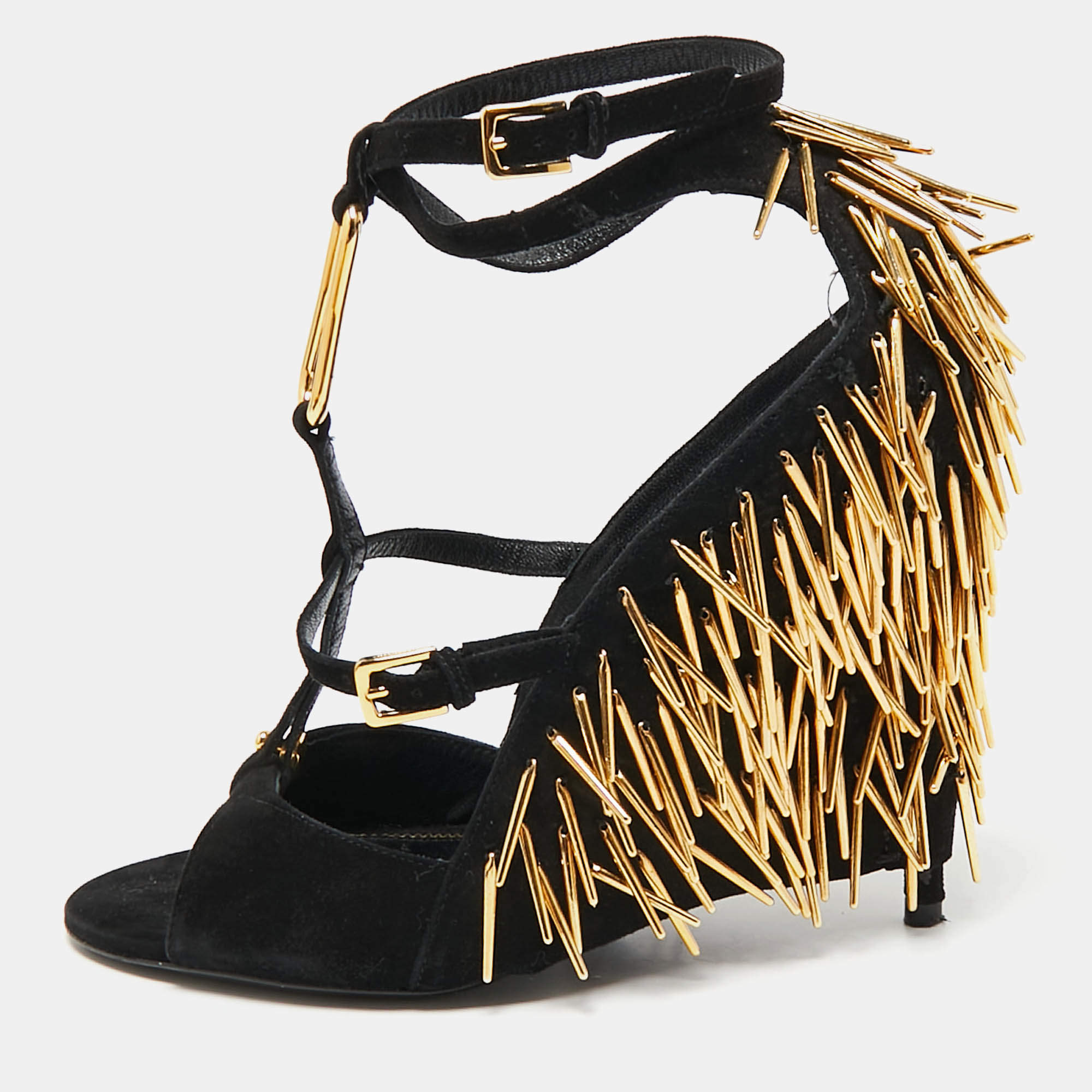 Tom Ford Black Suede Embellished  Ankle Wrap Wedge Sandals Size 37