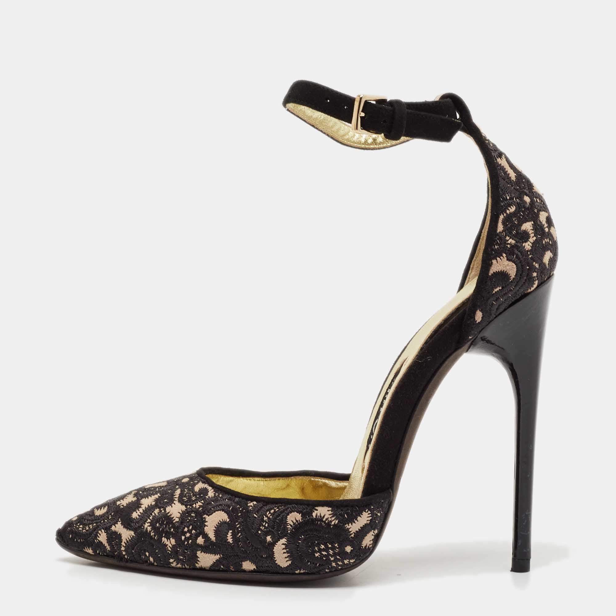 Tom Ford Black Embroidered Suede D'Orsay Ankle Strap Pumps Size 37.5