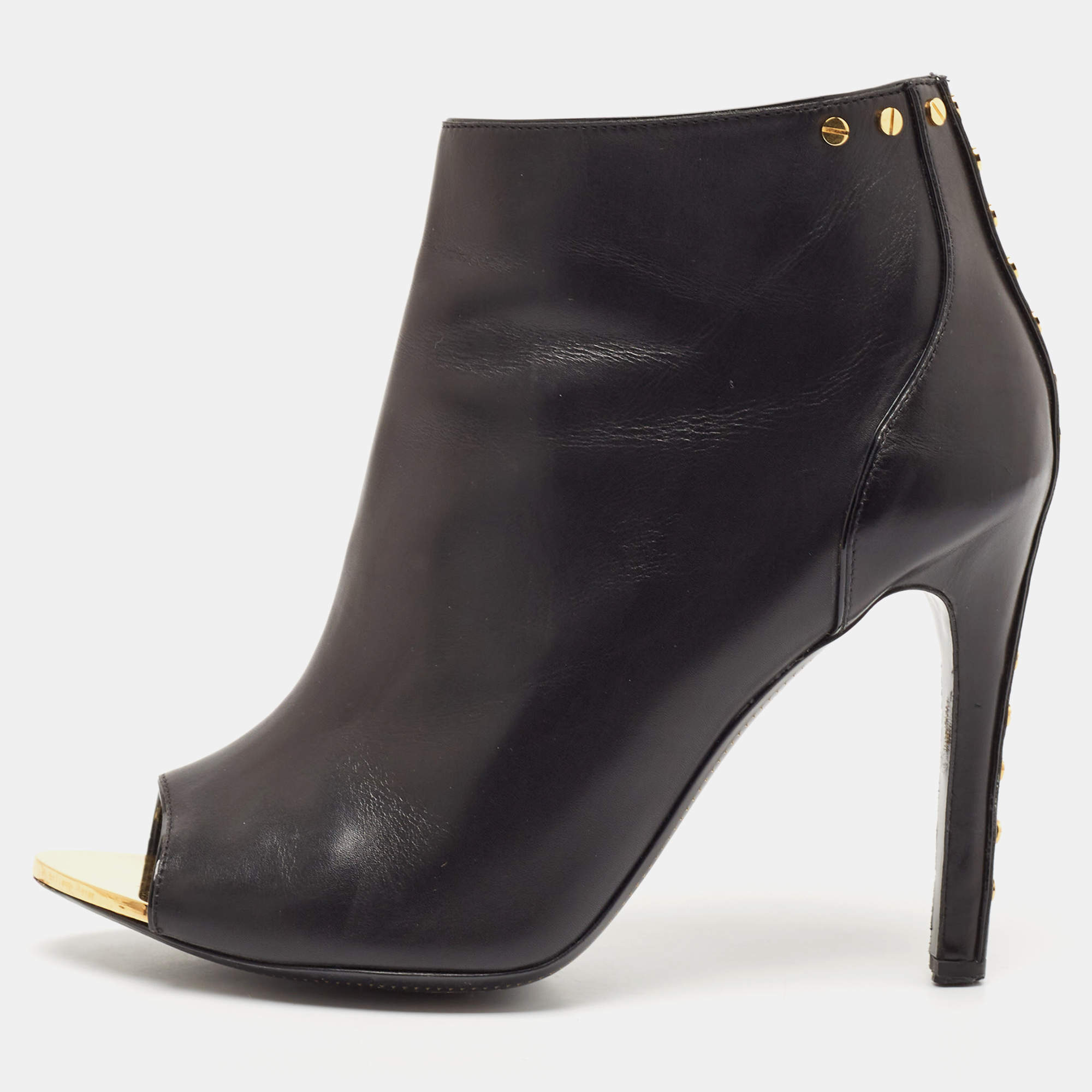 Tom Ford Black Leather Studded Peep Toe Booties Size 37.5