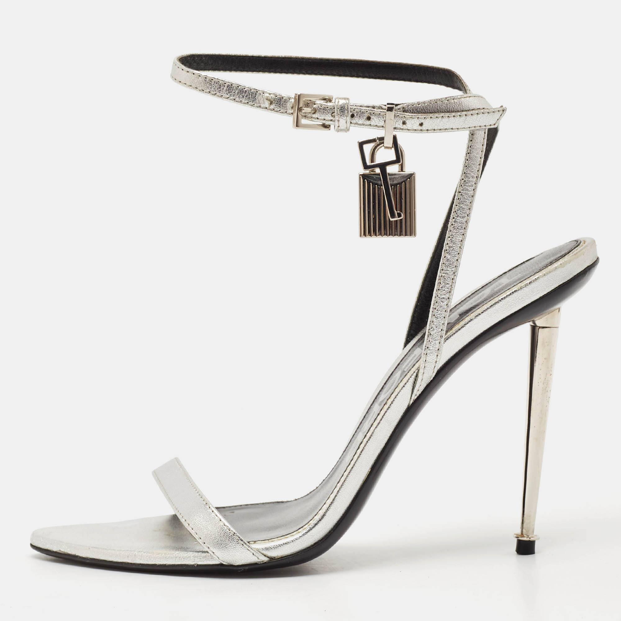 Tom Ford Silver Leather Padlock Ankle Strap Sandals Size 38