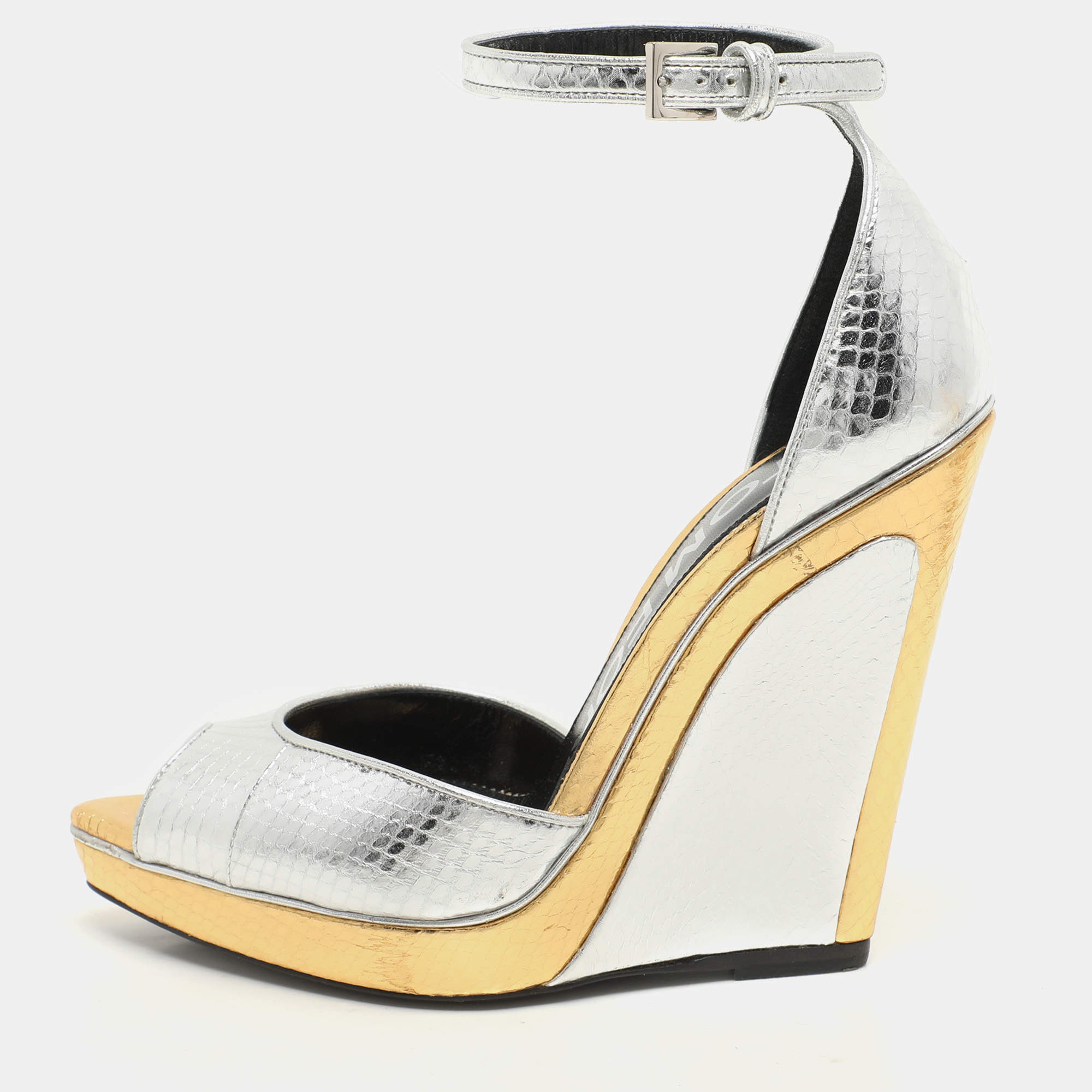 Tom Ford Silver/Gold Python Embossed Leather Trompe L'oeil Wedge Pumps Size 36