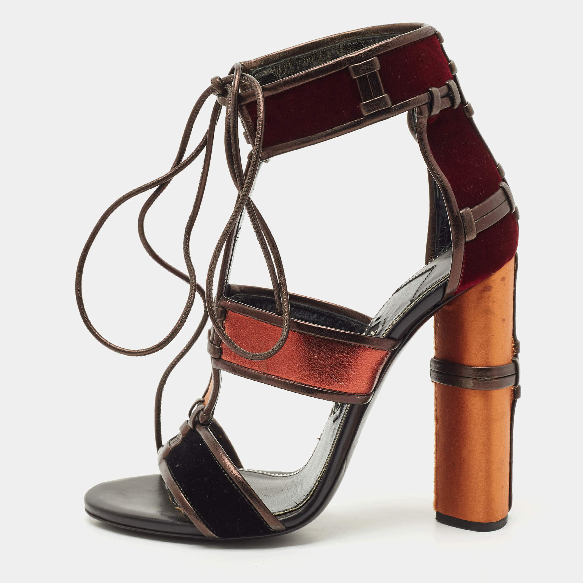 Pre Owned Tom Ford Multicolor Velvet and Leather Panelled Patchwork Ankle Strap Sandals Size 39