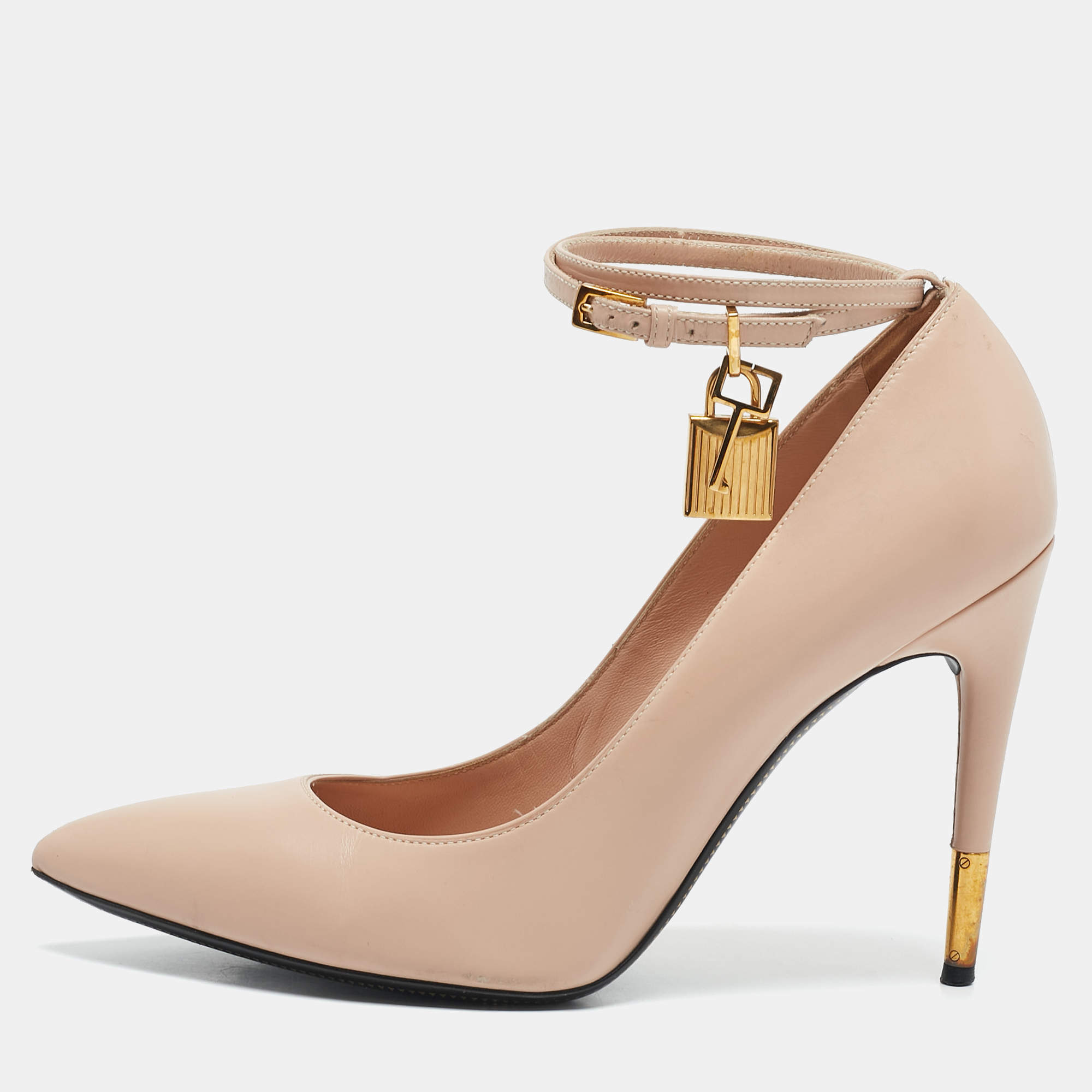 Tom Ford Beige Leather Padlock Ankle Wrap Pumps Size 40.5