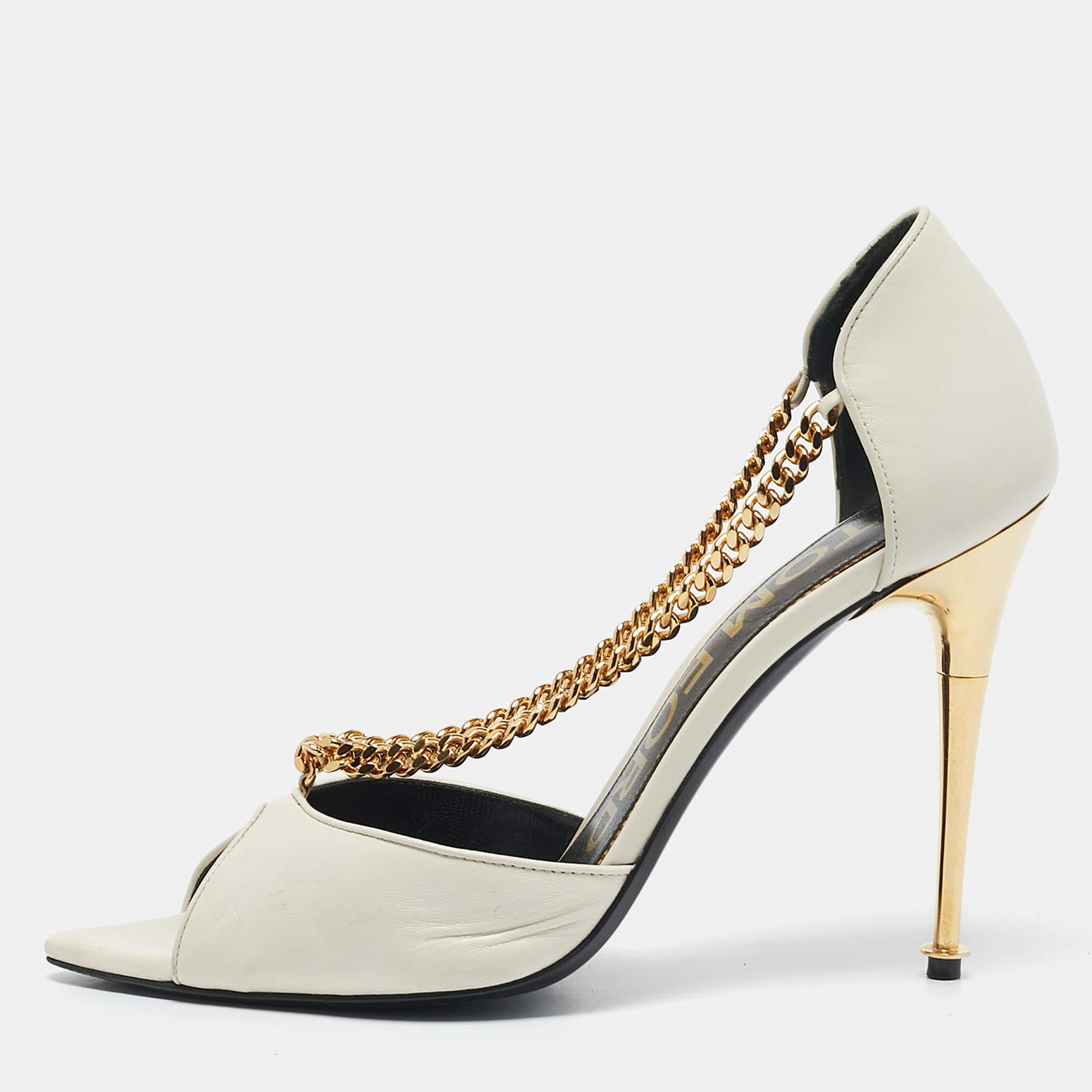 Tom Ford White Leather Chain Detail Open Toe Pumps Size 38