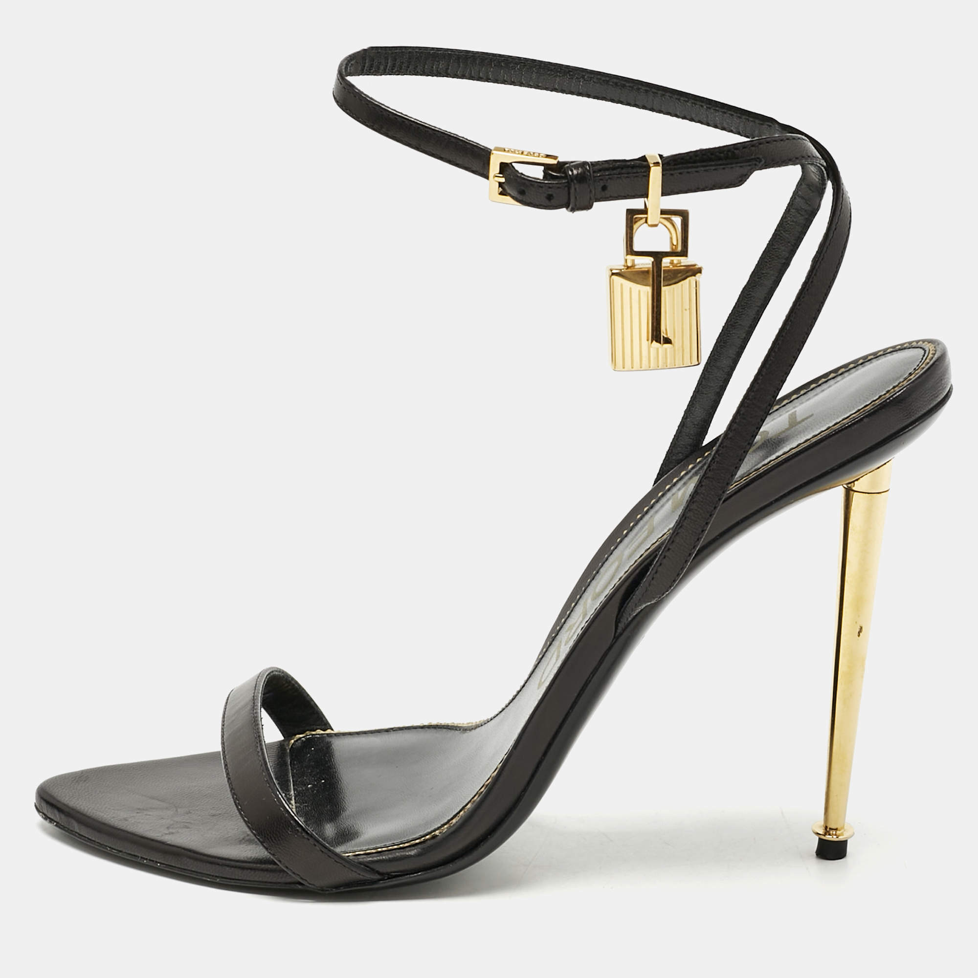 Tom Ford Black Leather Padlock Ankle Strap Sandals Size 40