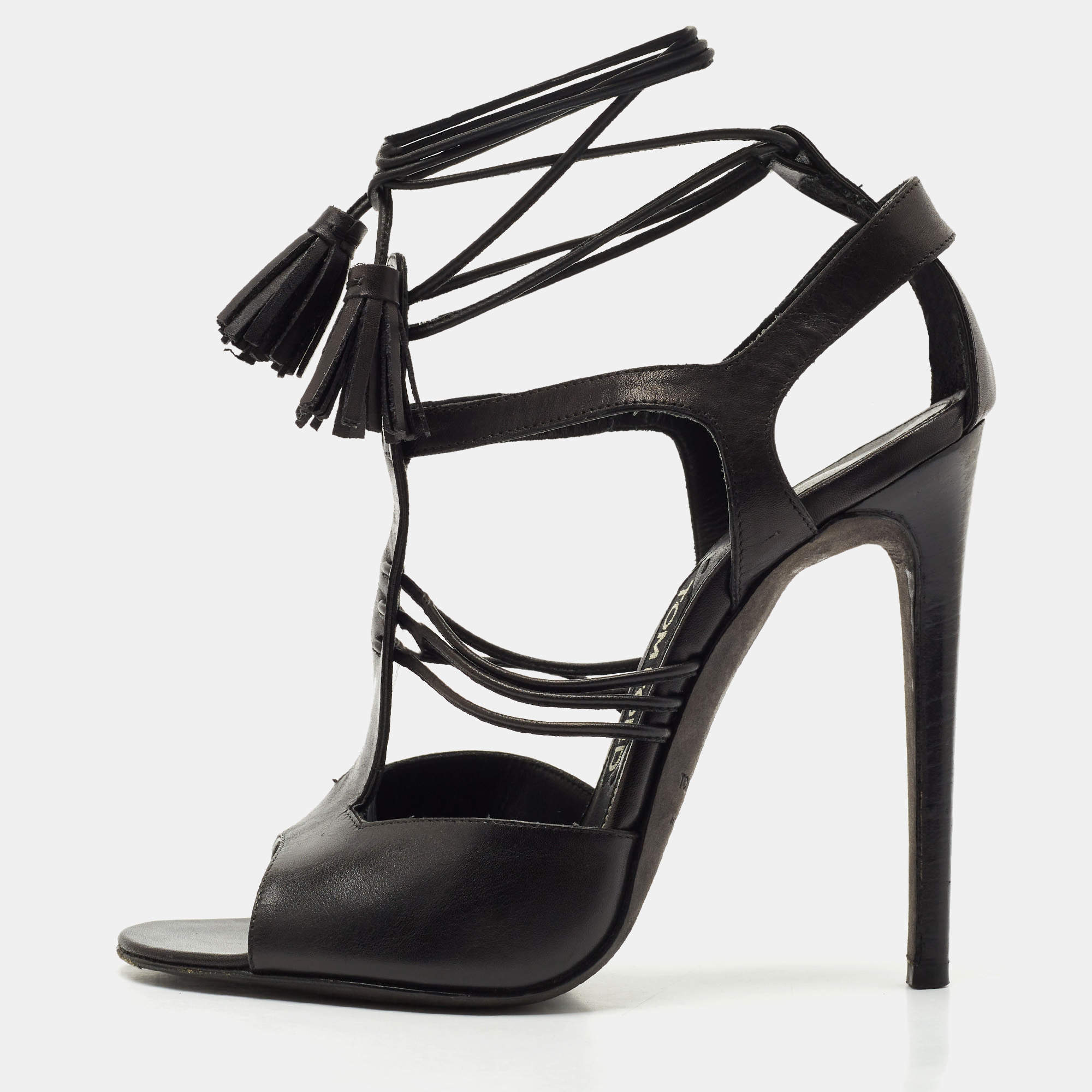 Tom Ford Black Paneled Leather Ankle Strap Sandals Size 37.5