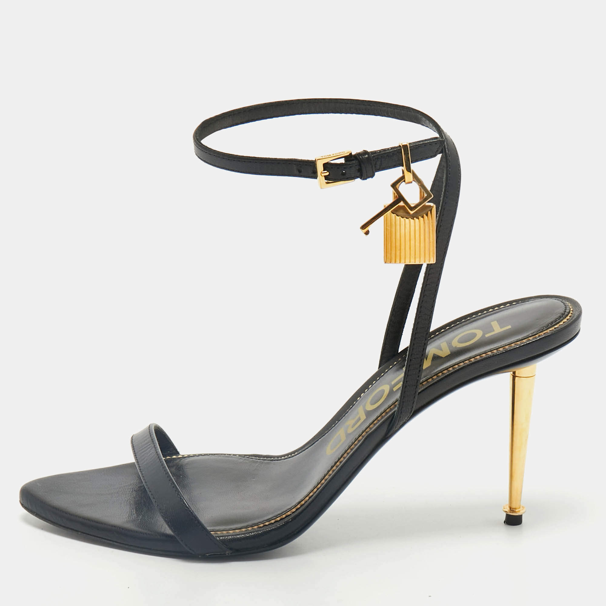 Pre Owned Tom Ford Black Leather Padlock Ankle Strap Sandals Size 39