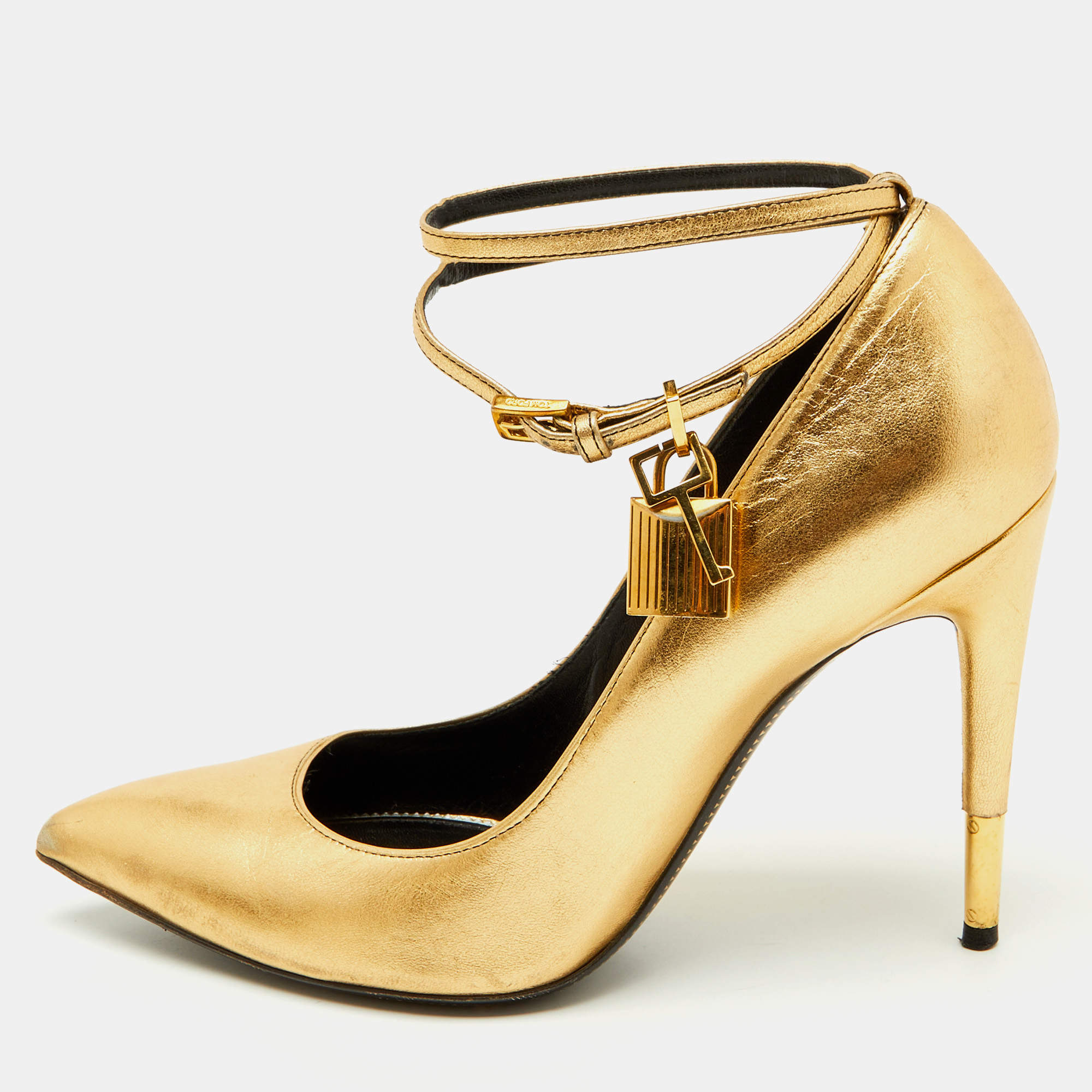 Pre Owned Tom Ford Metallic Gold Leather Padlock Pointed Toe Pumps Size 39
