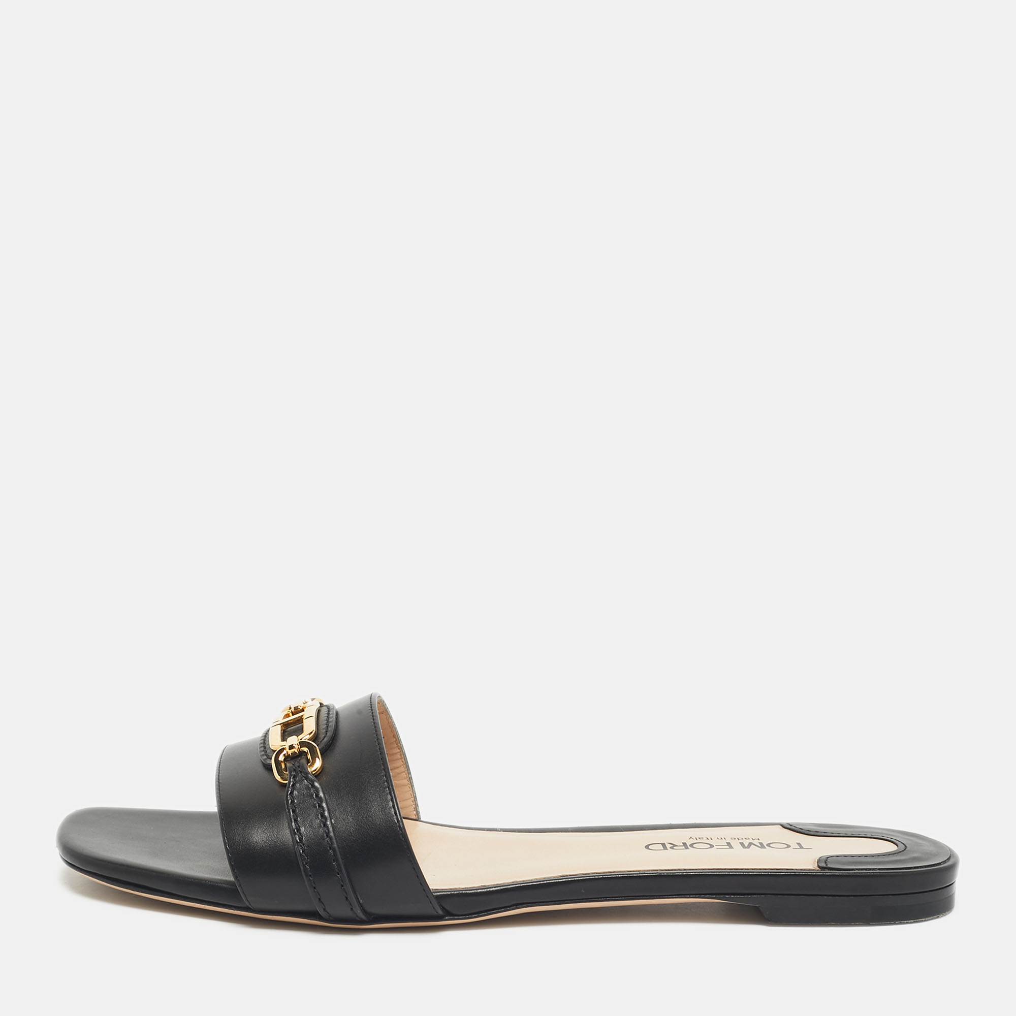 Pre Owned Tom Ford Black Leather Embellished Flat Slides Size 39