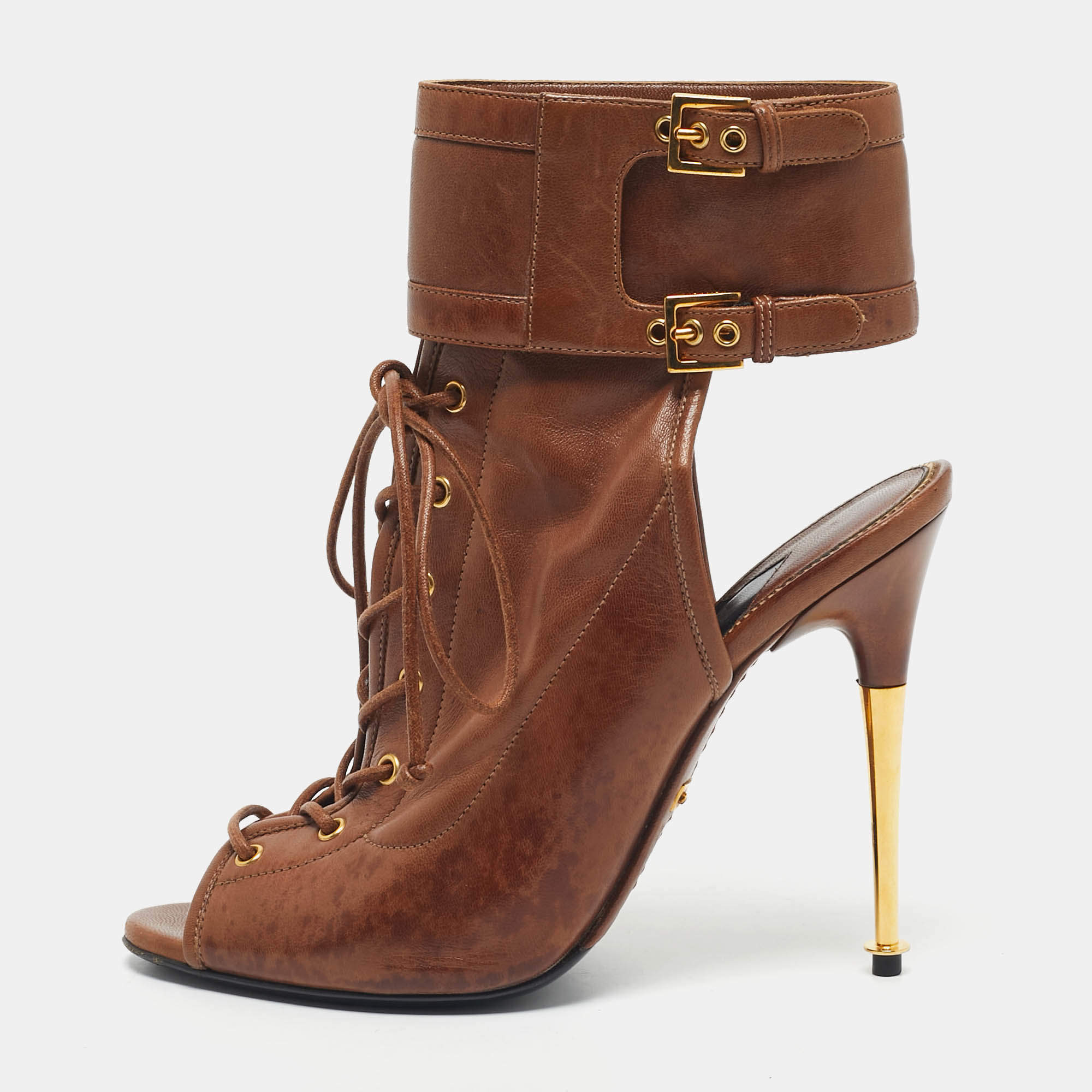 Pre Owned Tom Ford Brown Leather Cutout Ankle Length Boots Size 38