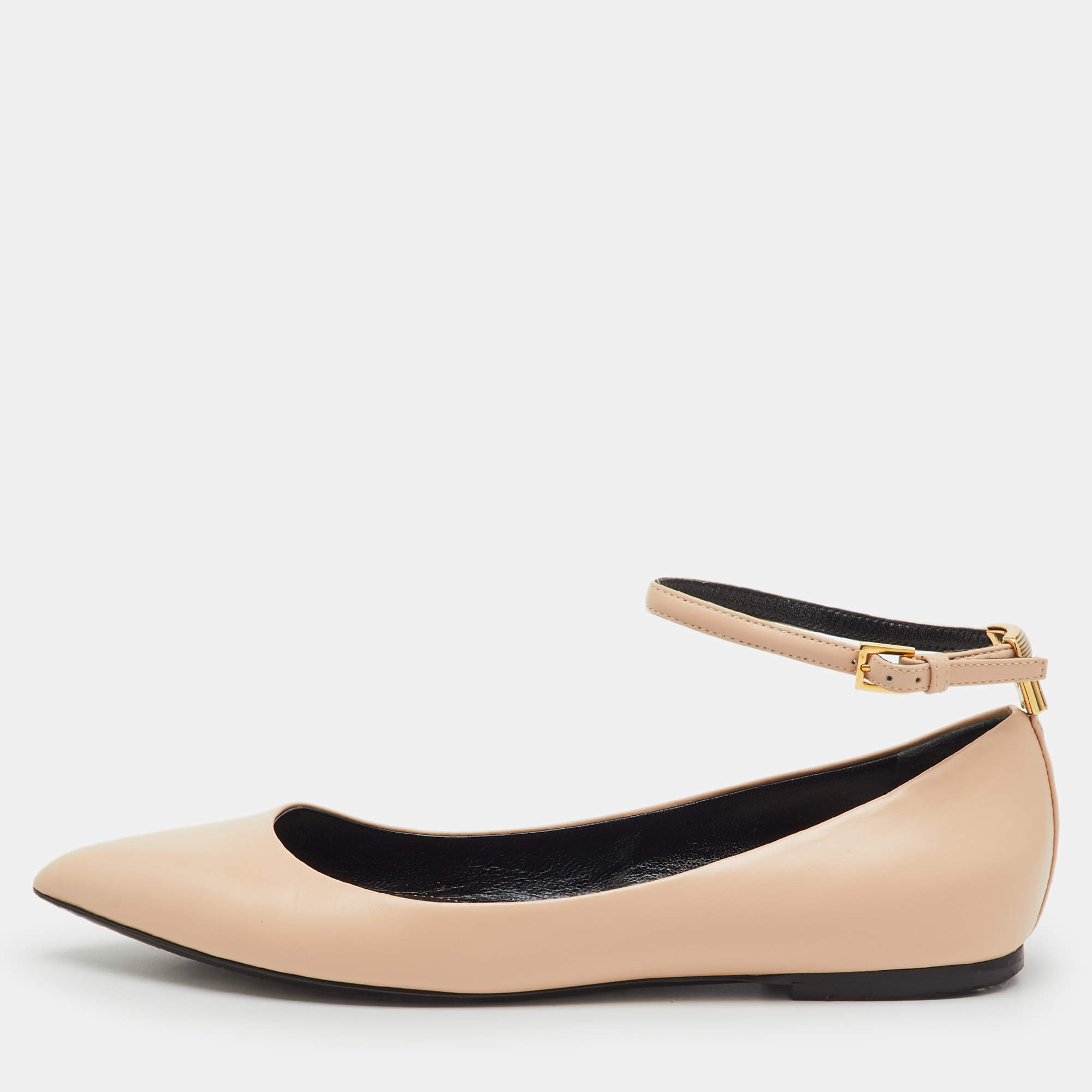Pre Owned Tom Ford Beige Leather Pointed Toe Ankle Strap Ballet Flats Size 38