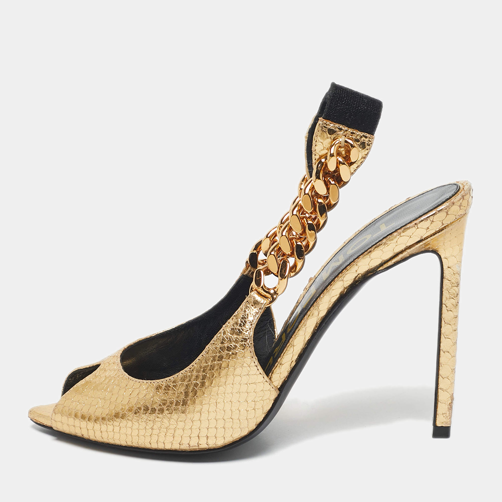 Pre Owned Tom Ford Gold Python Embossed Leather Peep Toe Slingback Pumps Size 36.5