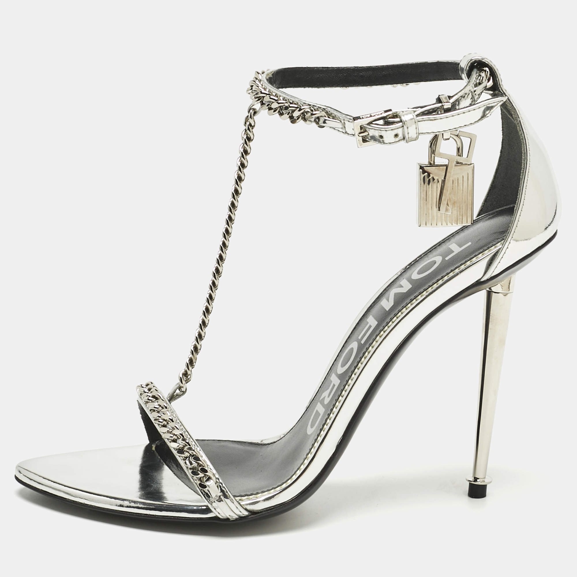 مملوكة مسبقًا Tom Ford Silver Patent Leather Padlock Chain Ankle Strap Sandals Size 36