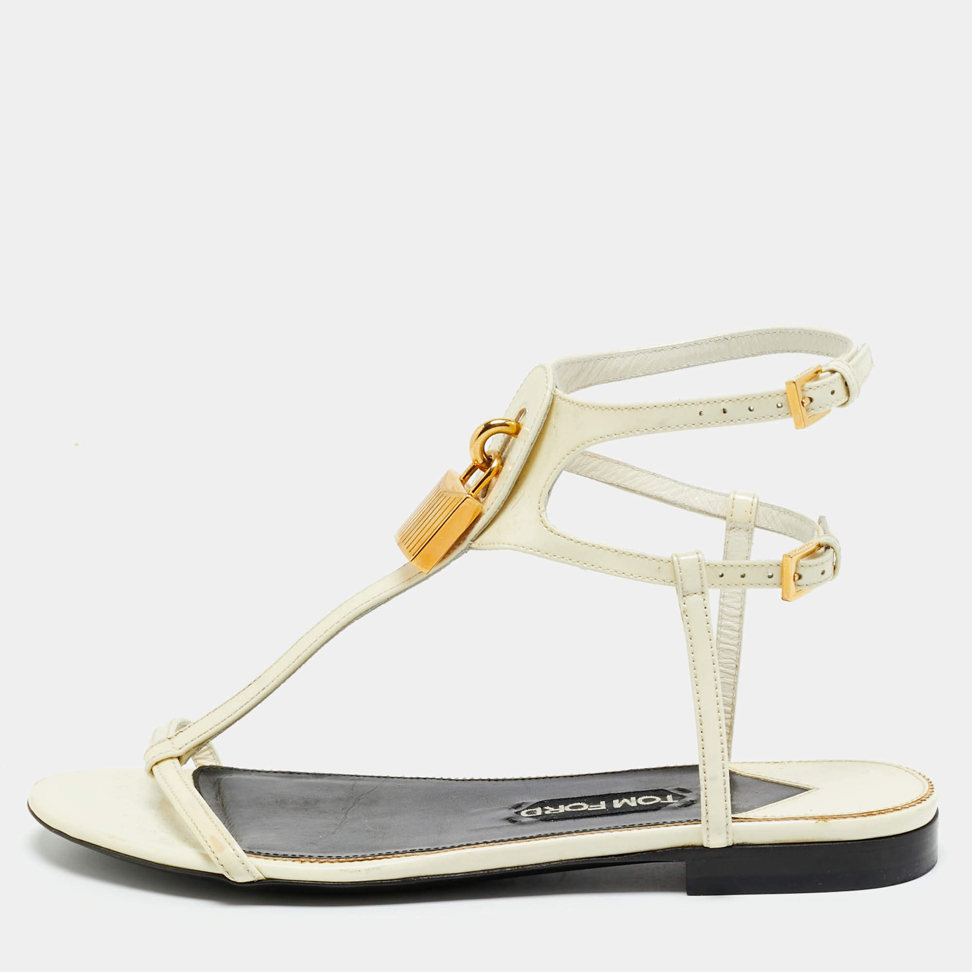 Pre Owned حذاء فلات توم فورد رباط كاحل قفل جلد براءات اختراع أبيض مقاس 37.5