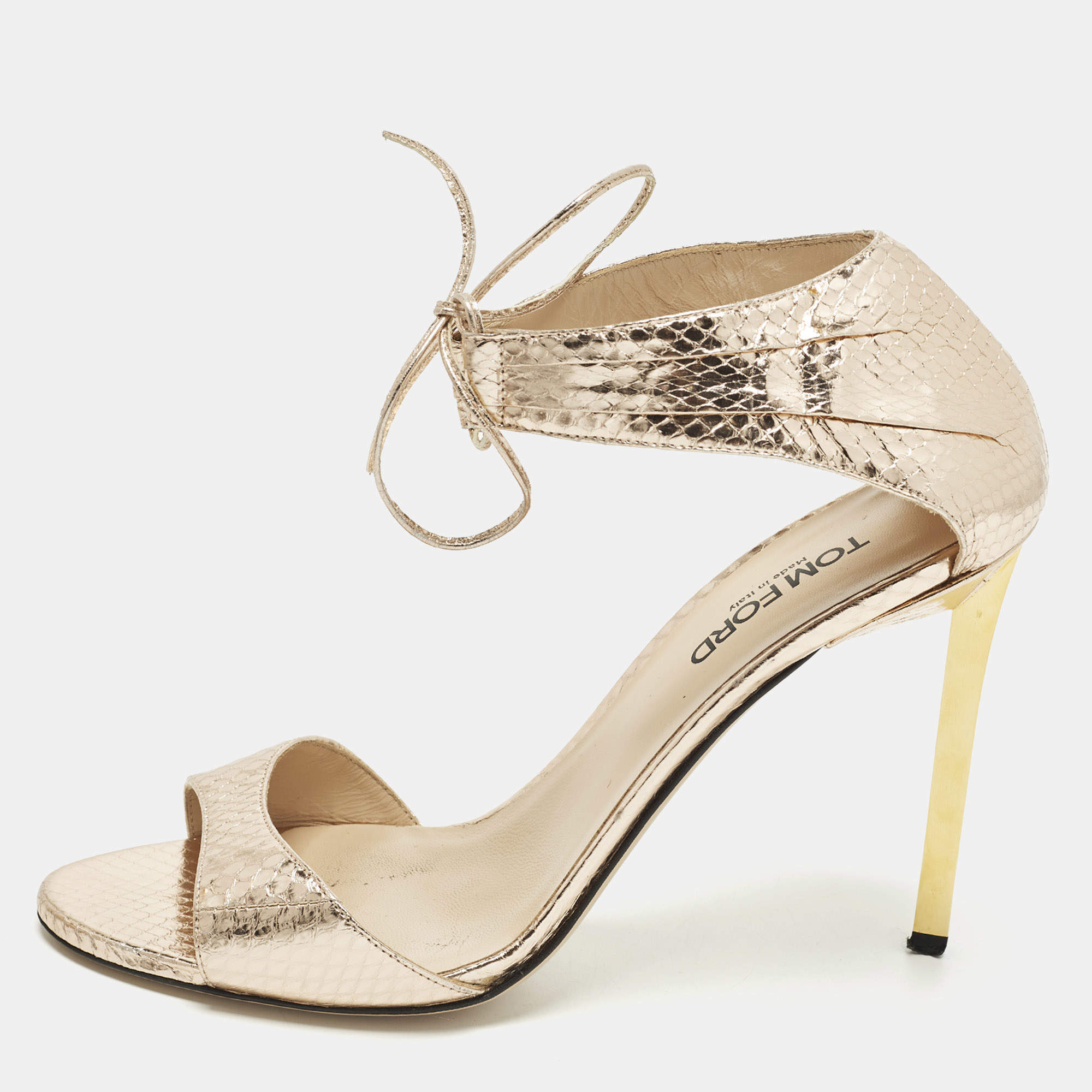 Pre Owned Tom Ford Size 40 Gold Python Embossed Leather Ankle Strap Sandals
