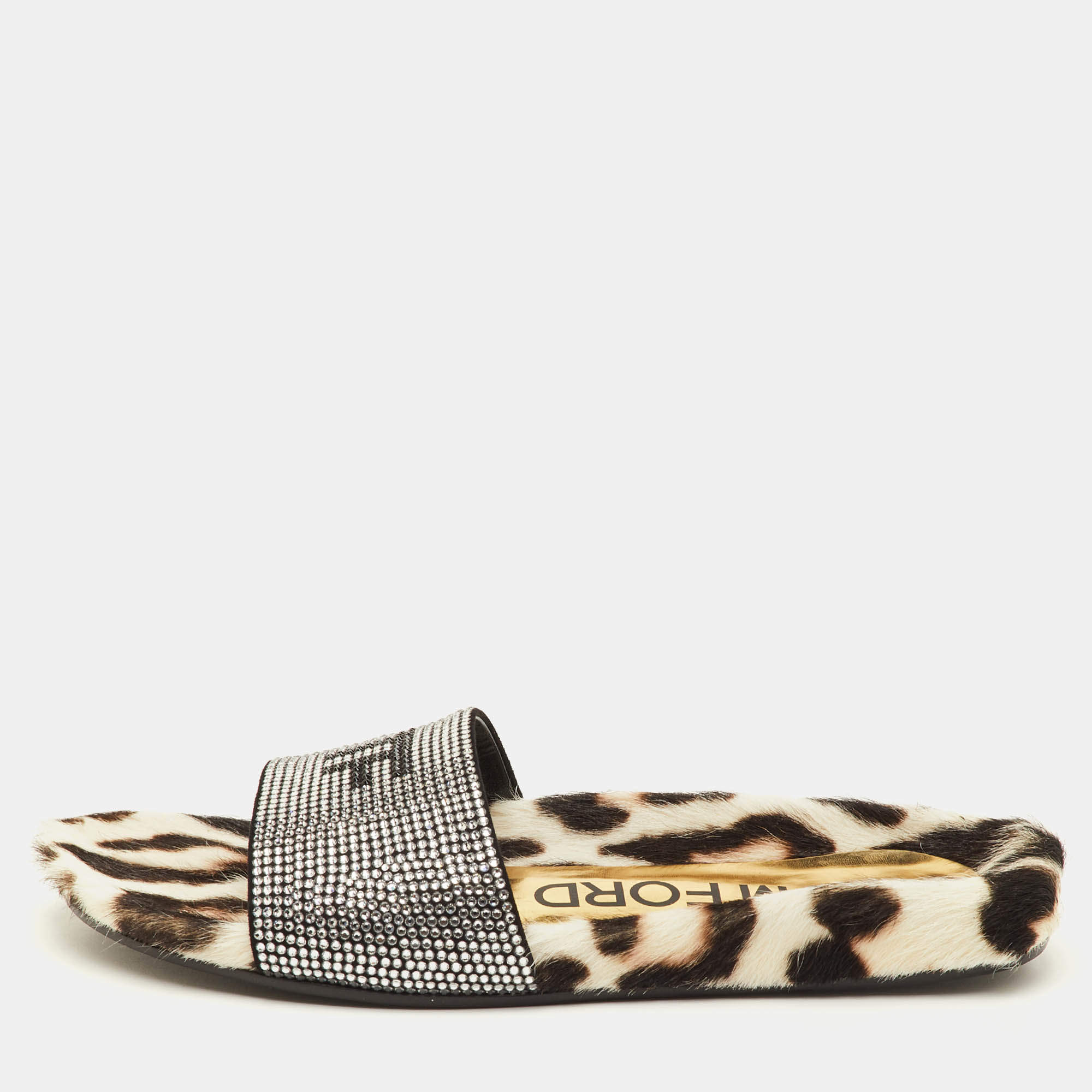 Pre Owned Tom Ford Logo Size 38.5 Black Suede Crystal Embellished Flat Slide Sandals