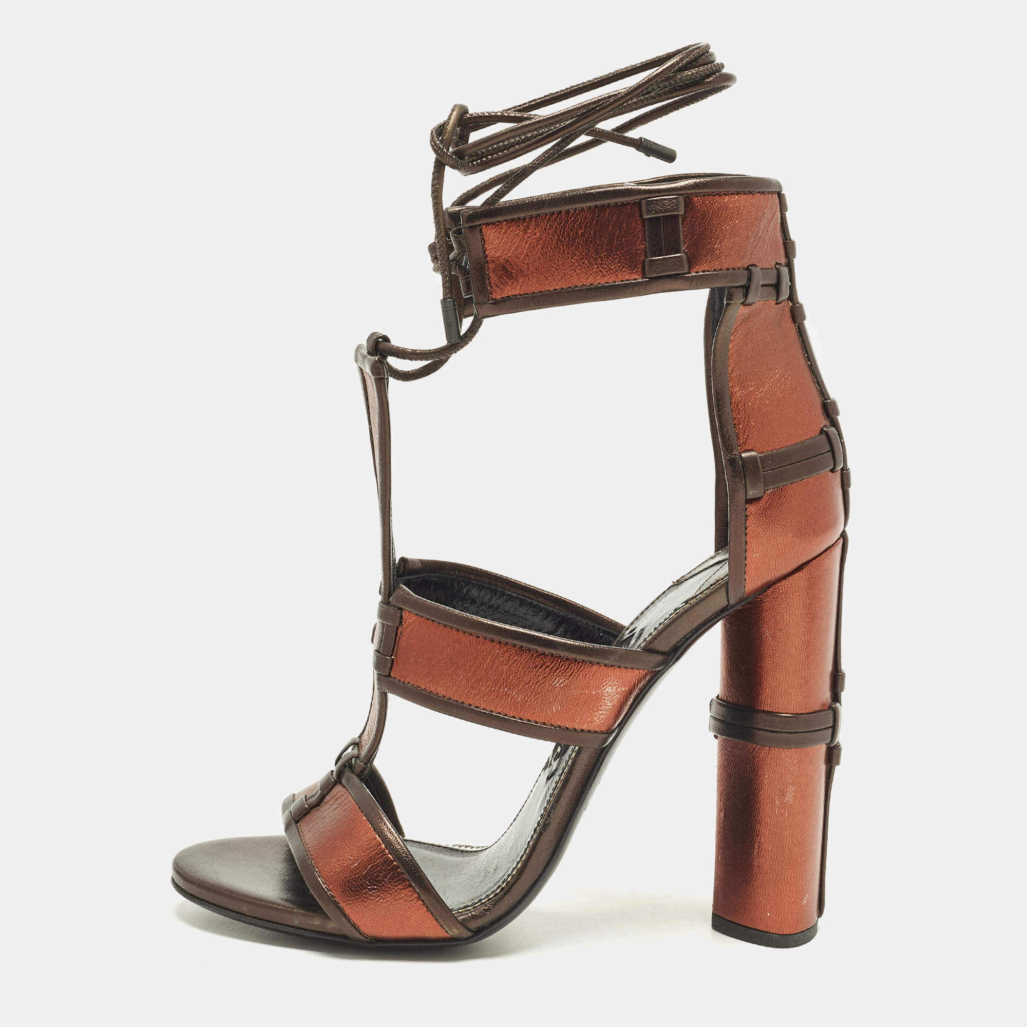 مملوكة مسبقًا Tom Ford Size 37.5 Metallic/Brown Leather Panelled Patchwork Ankle Strap Sandals 