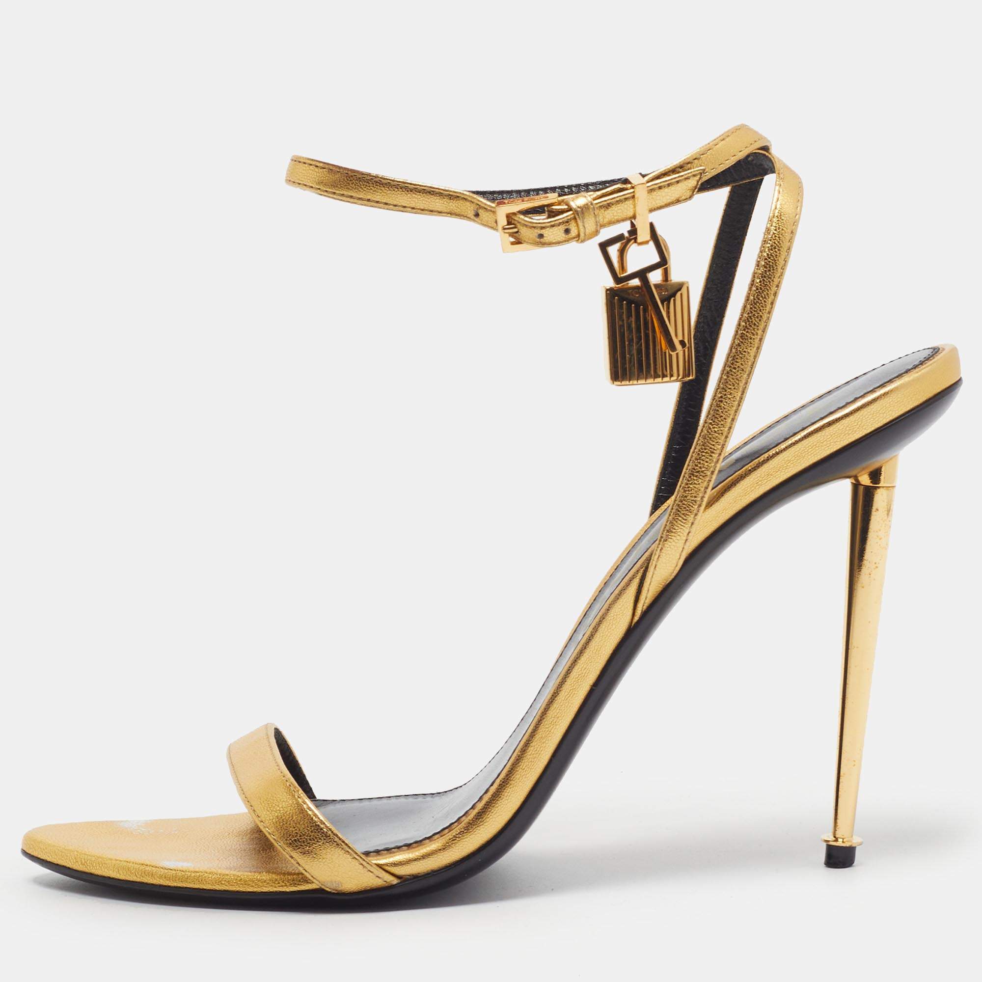 Pre Owned Tom Ford Padlock Size 41 Gold Leather Ankle Strap Sandals