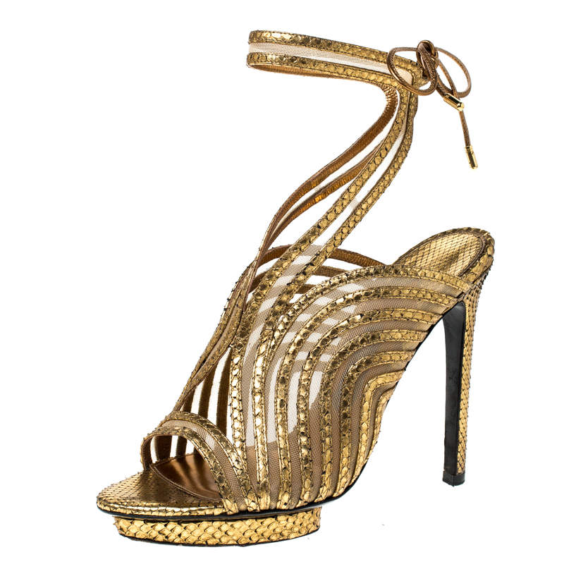 Tom Ford Gold Metallic Gold Python Leather Strappy Sandals Size 39 Tom Ford  | TLC