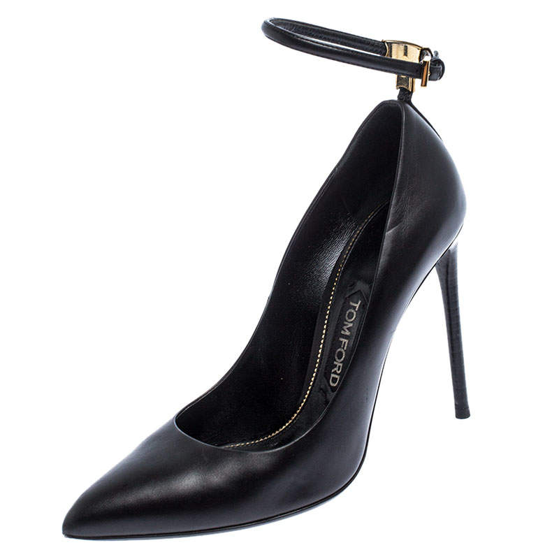 Tom Ford Black Leather Pointed Toe Ankle Strap Pumps Size 38
