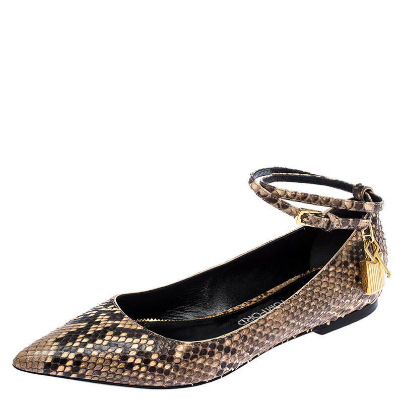 Tom Ford Multicolor Python Leather Ankle Wrap Lock Ballet Flats Size 38