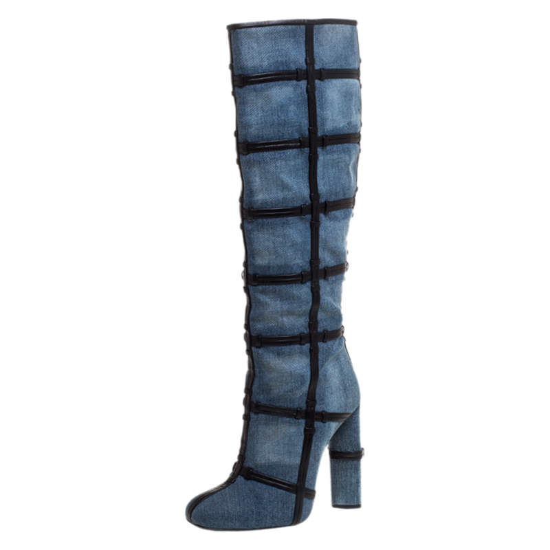 Tom Ford Denim Fabric And Leather Trim Patchwork Knee Length Boots Size 39