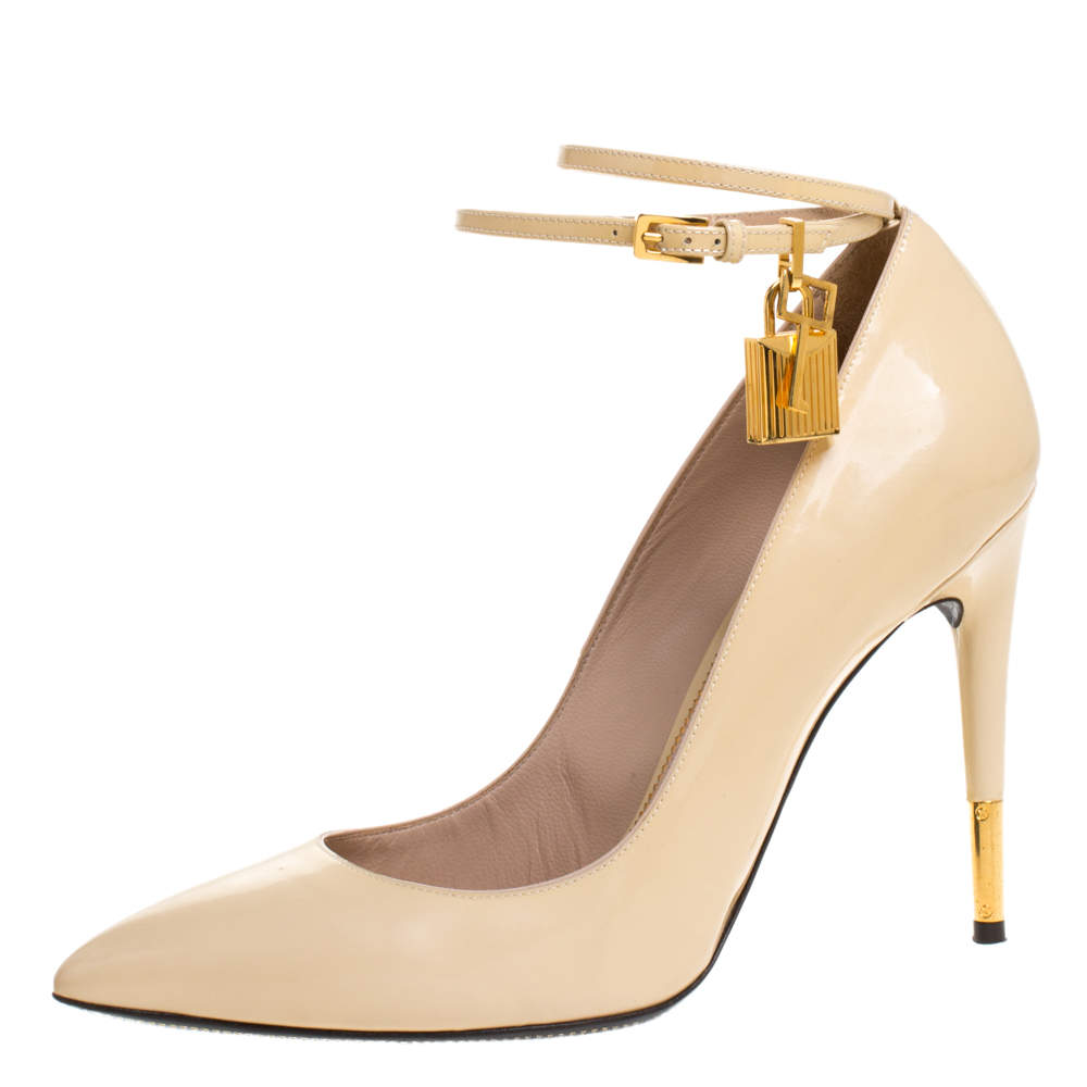 Tom Ford Beige Patent Leather Padlock Ankle Wrap Pointed Toe Pumps Size ...