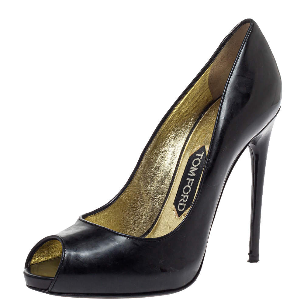 Pre Owned Tom Ford Black Patent Leather Peep Toe Pumps Size 37.5