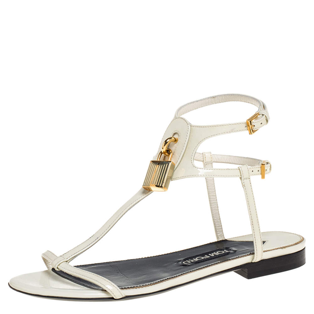 Tom Ford White Patent Leather T Strap Padlock Flat Sandals Size  Tom  Ford | TLC