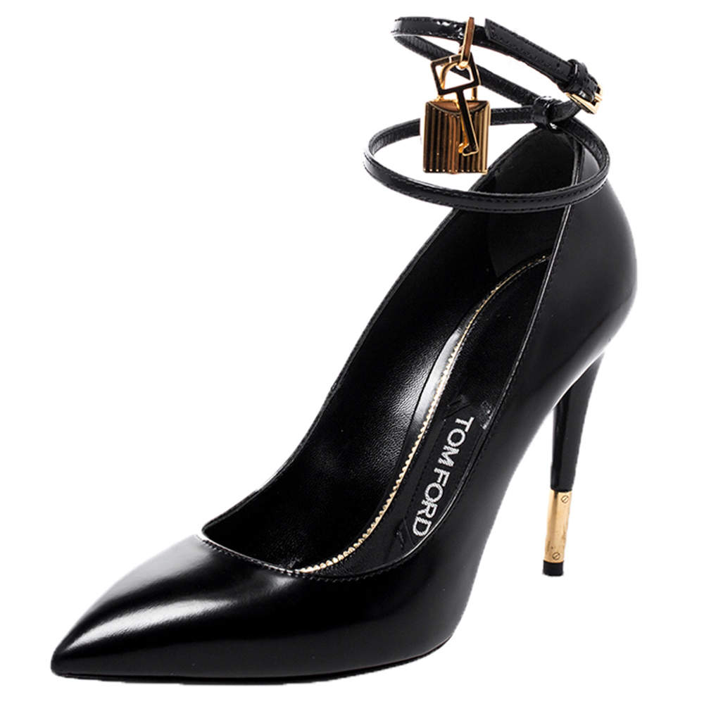 Tom Ford Black Patent Leather Padlock Pointed Toe Pumps Size 37