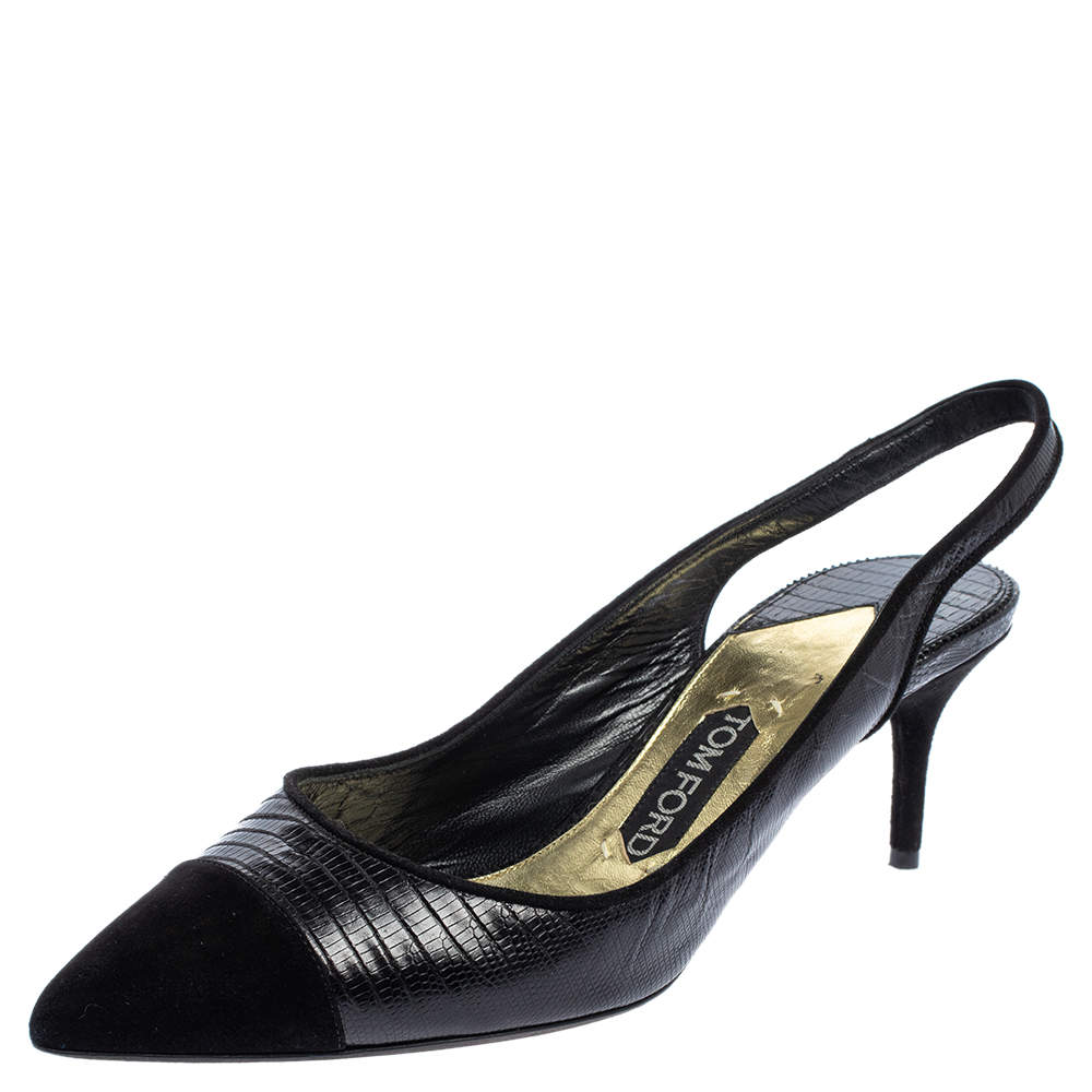 Tom Ford Black Lizard Embossed Leather And Suede Slingback Pumps Size 40