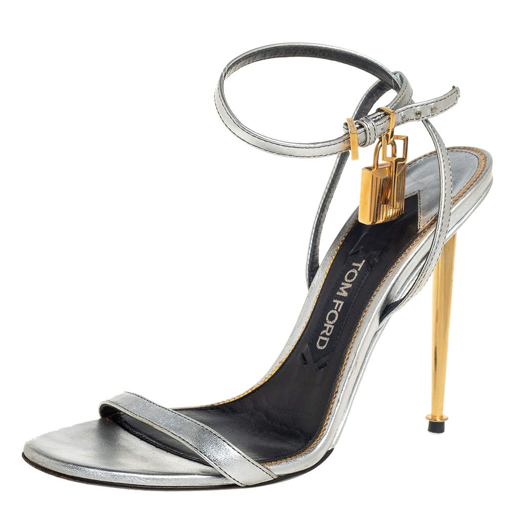 Tom Ford Metallic Silver Leather Padlock Ankle Strap Sandals Size 39
