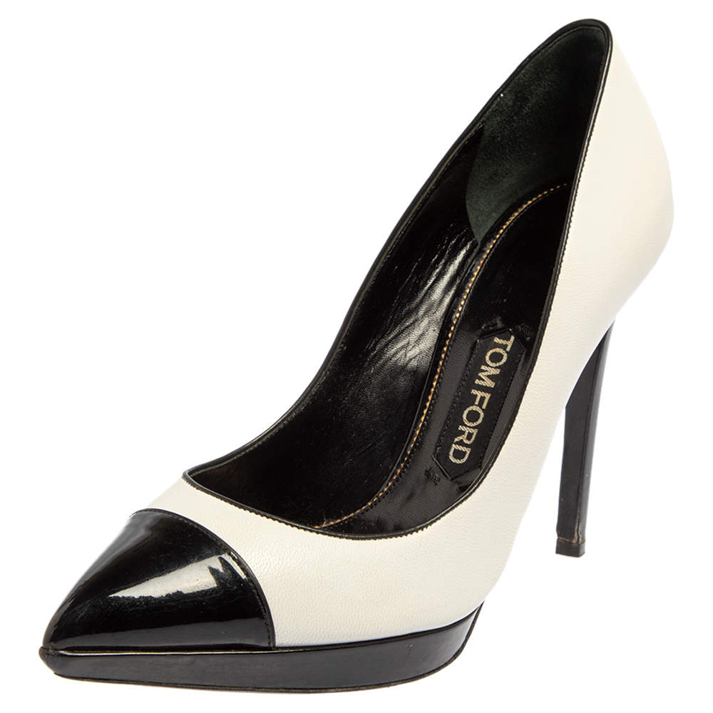 Tom Ford White/Black Patent Leather And Leather Cap Toe Pointed Toe Pumps Size 39.5