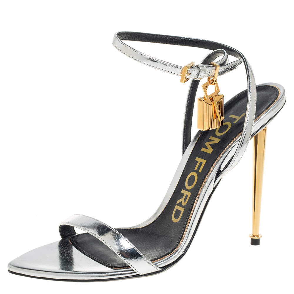 Tom Ford Silver Leather Lock Ankle Strap Sandals Size 38