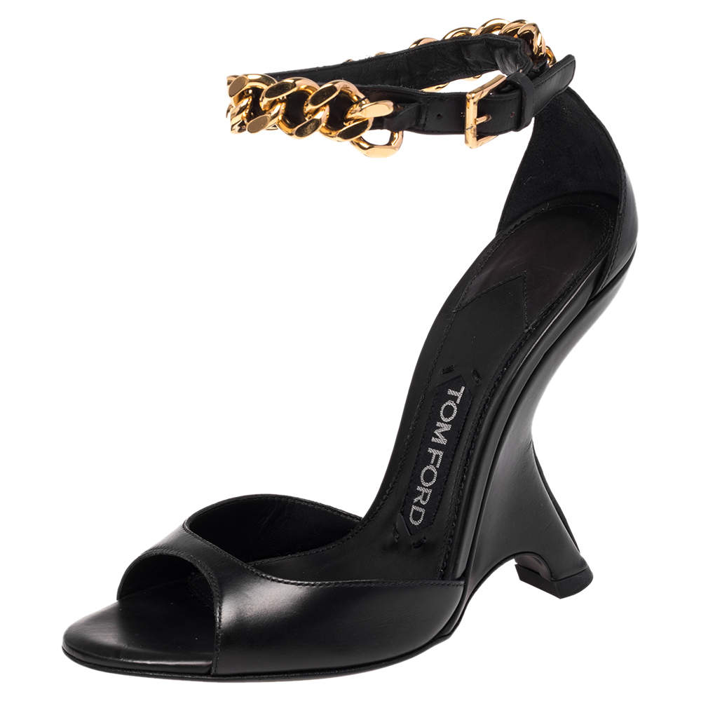Tom Ford Black Leather Chain Embellished Ankle Strap Wedge Sandals Size 36