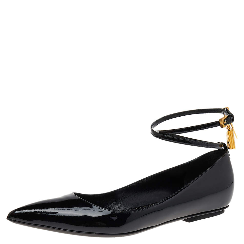 Tom Ford Black Patent Leather Padlock Ankle Strap Ballet Flats Size 37
