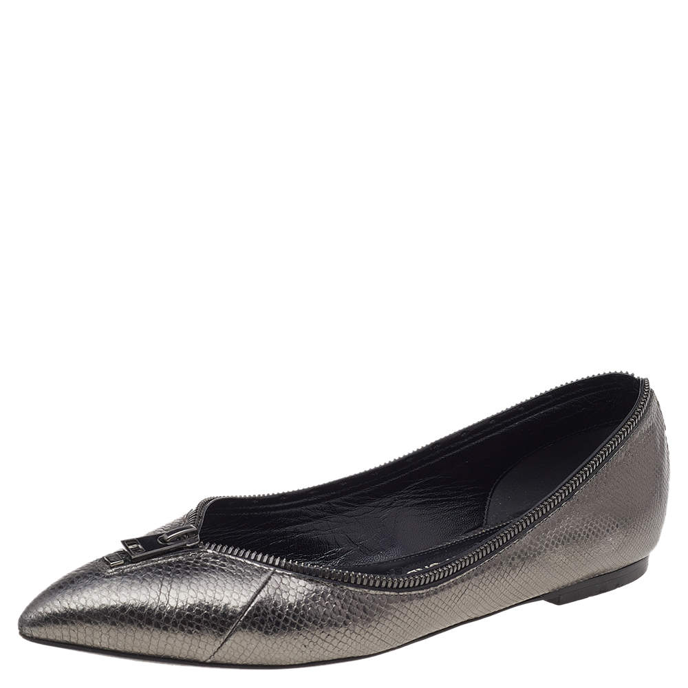 Pre Owned Tom Ford Metallic Grey Embossed Karung Leather Zipper Pointed Toe Ballet Flats Size 38