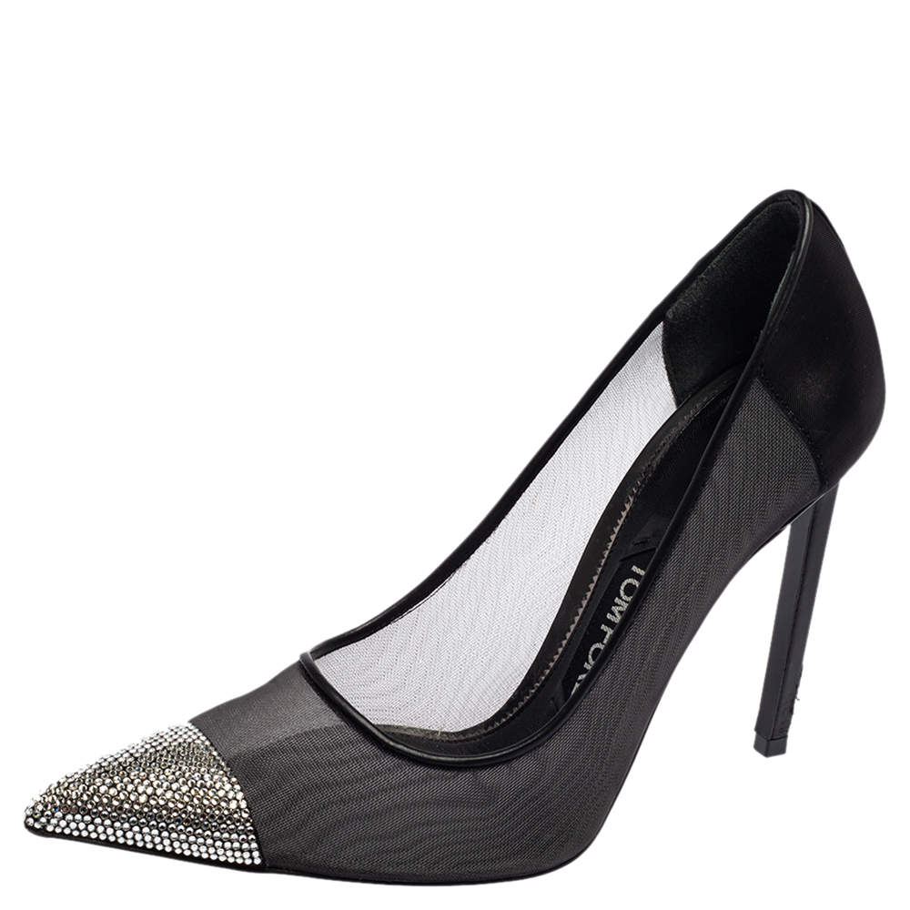 Pre Owned Tom Ford Black Mesh Strass Cap Illusion Pumps Size 38