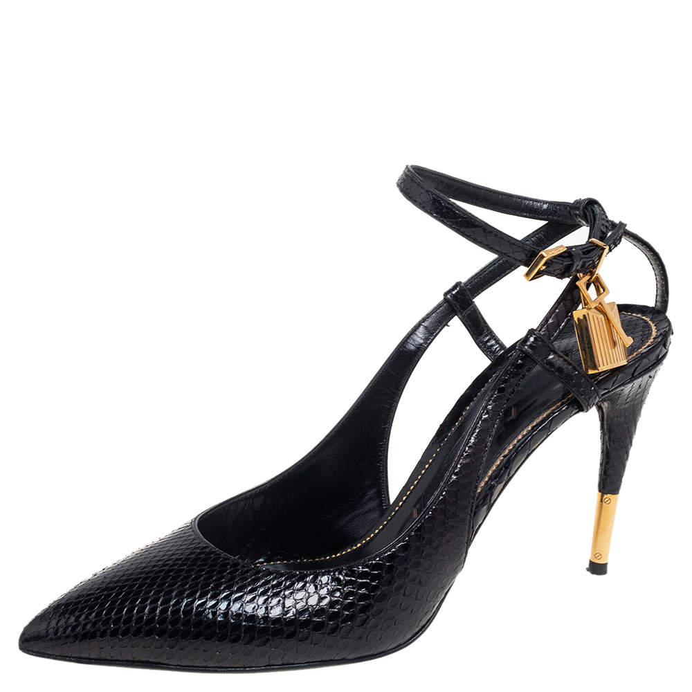 Tom Ford Black Python Padlock Ankle Strap Sandals Size 40.5 