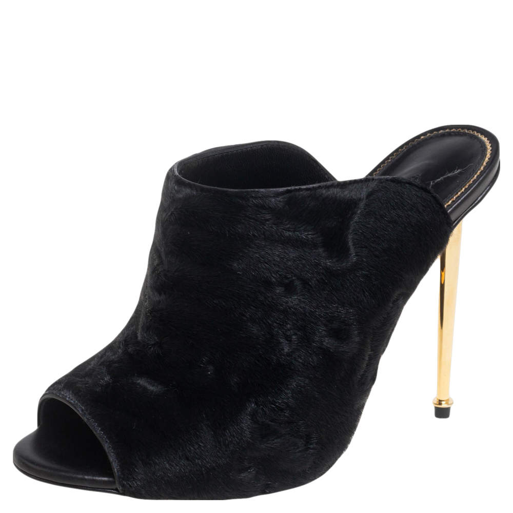 Pre Owned صندل مول توم فورد مقدمة مفتوحة شعر عجل أسود مقاس 37