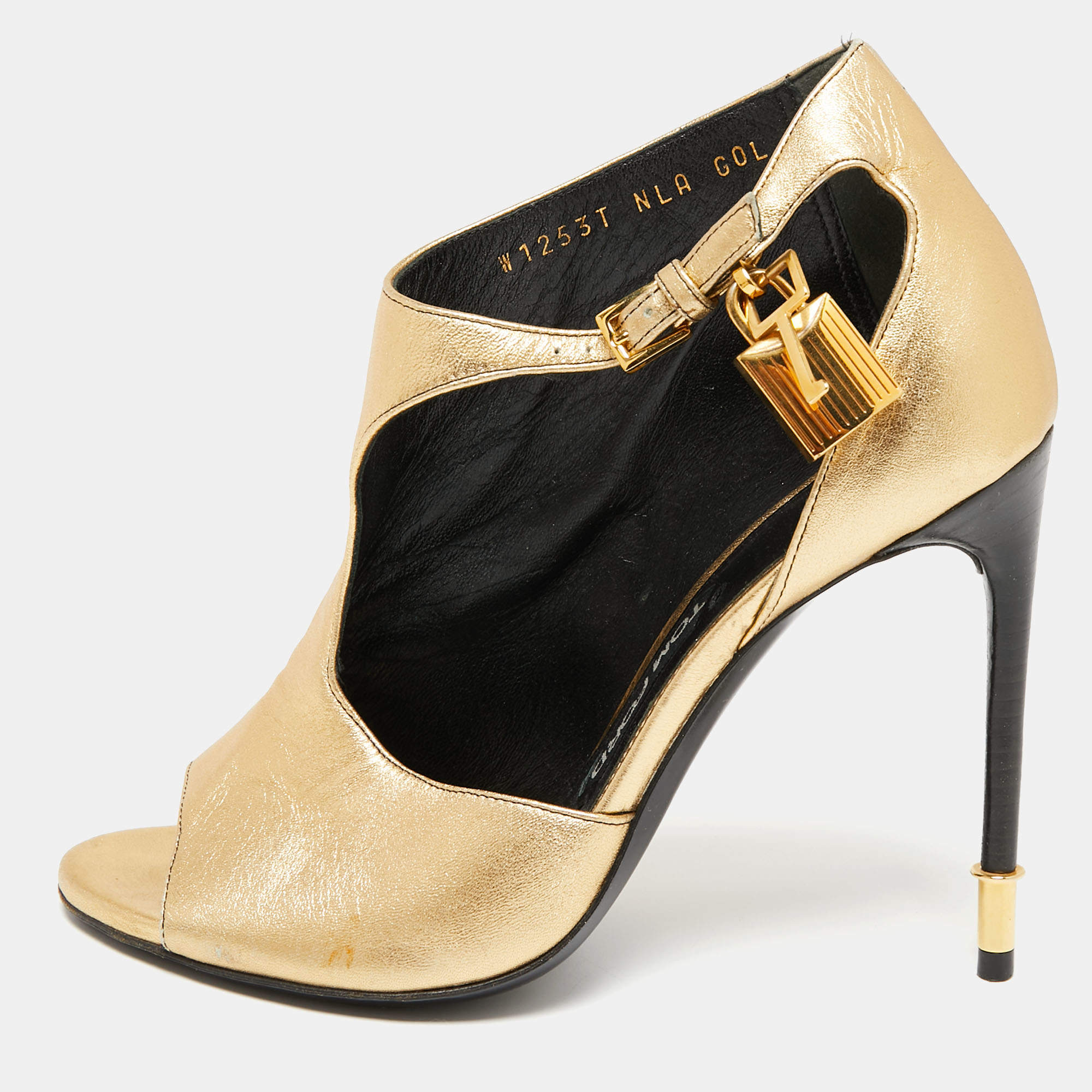 Pre Owned Tom Ford Gold Leather Padlock Ankle-Wrap Booties Size 37