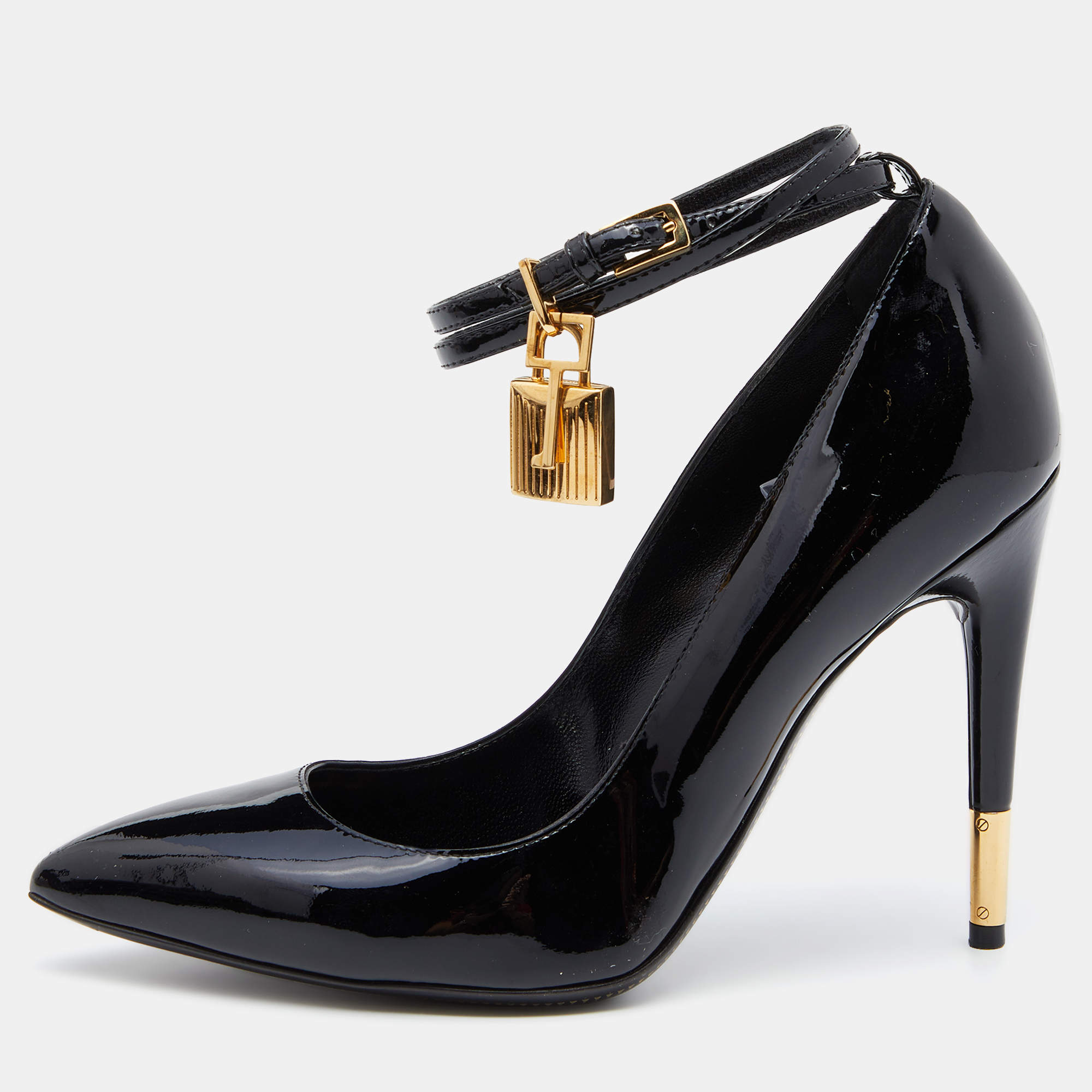 Pre Owned Tom Ford Black Patent Leather Padlock Ankle Wrap Pumps Size 36.5