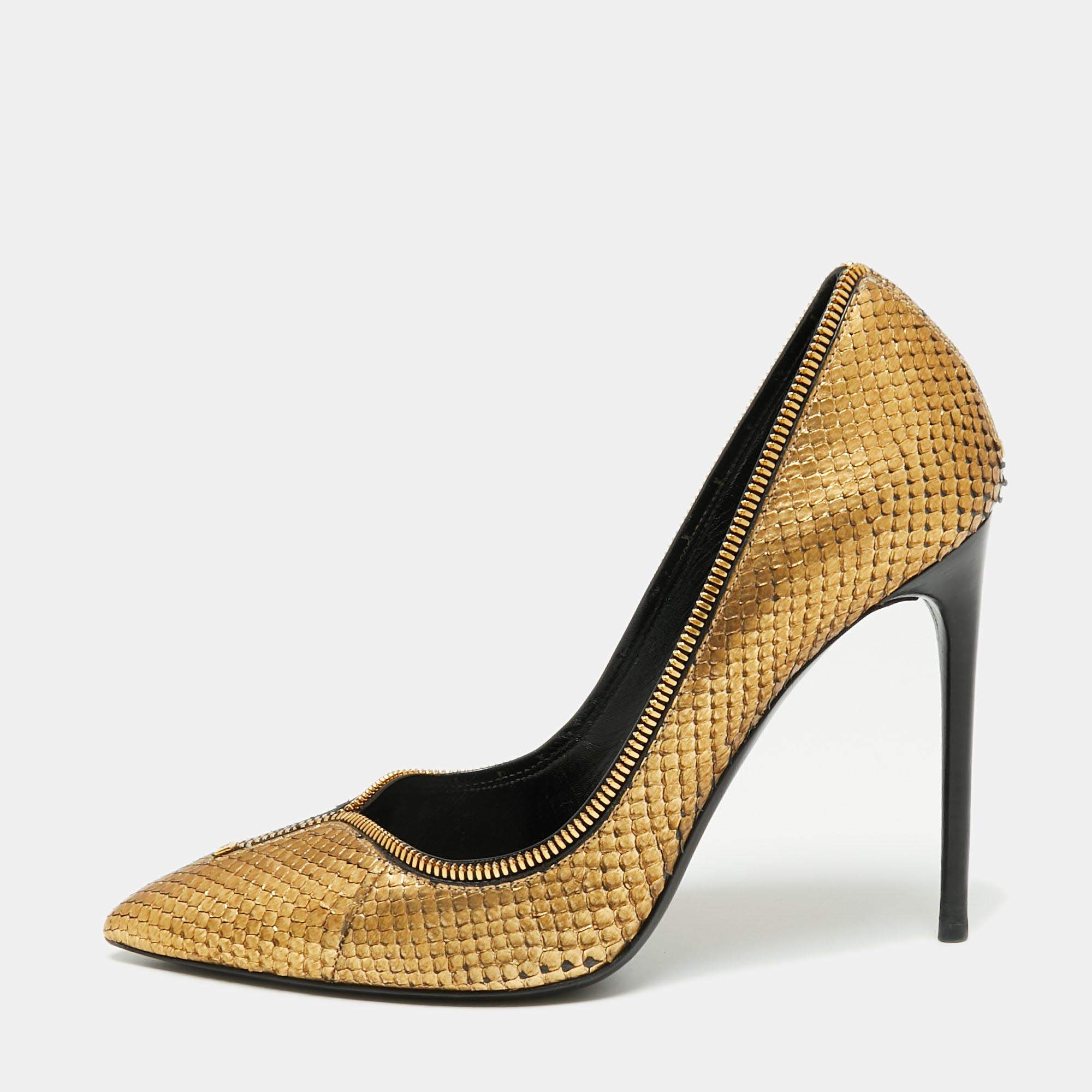Pre Owned Tom Ford Metallic Gold Python Leather Zipper Trim Pumps Size 40.5