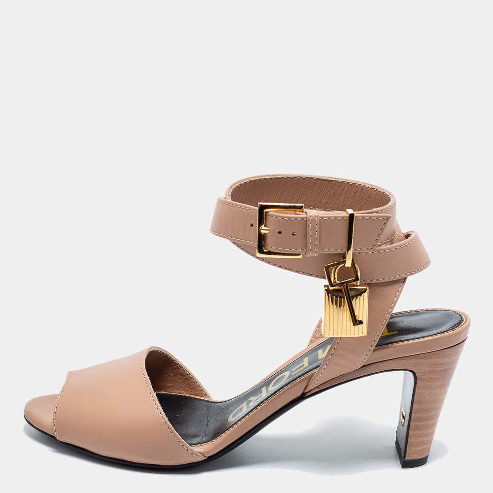 Pre Owned Tom Ford Nude Leather Padlock Ankle Wrap Sandals Size 36